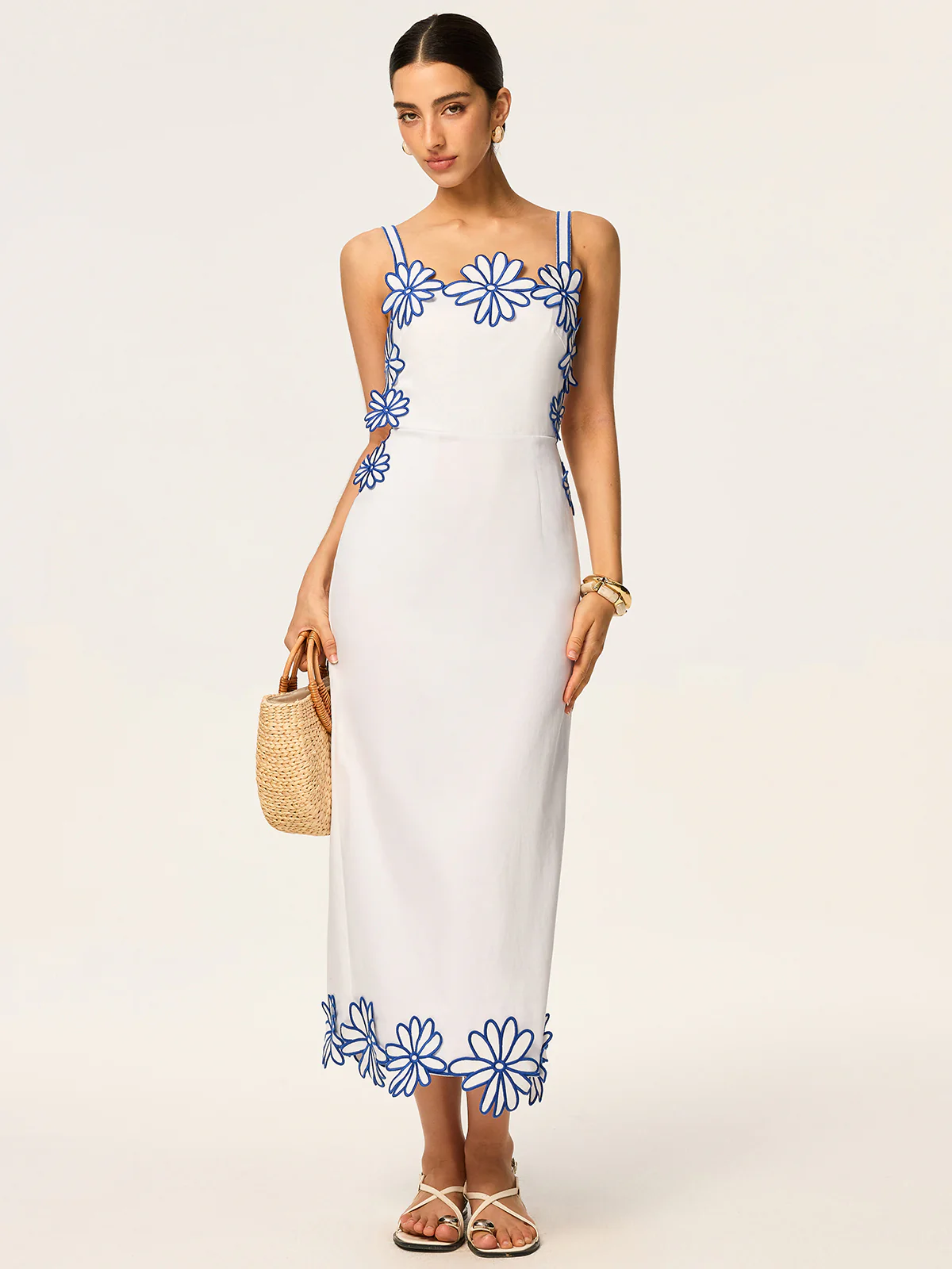 Semi-Sheer Floral Embroidery Back Bow Maxi Dress - Wholesalesil