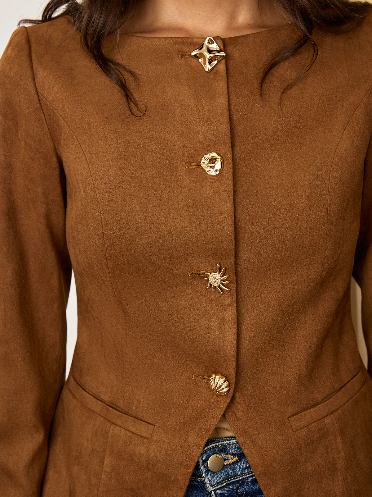 Suede Effect Fitted Metal Button Jacket - Wholesalesil