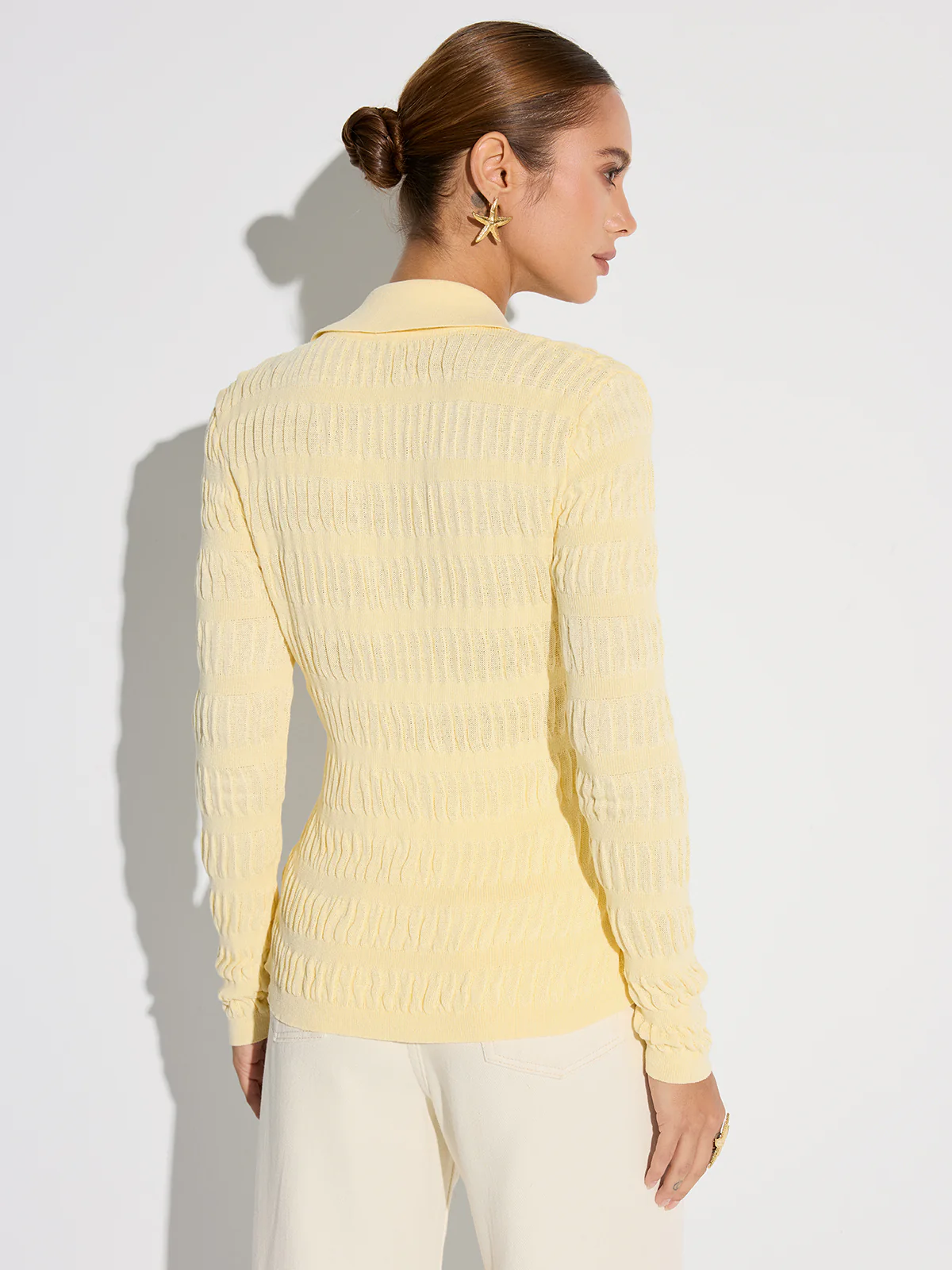 Shirt Collar Textured Knit Button Cardigan - Wholesalesil