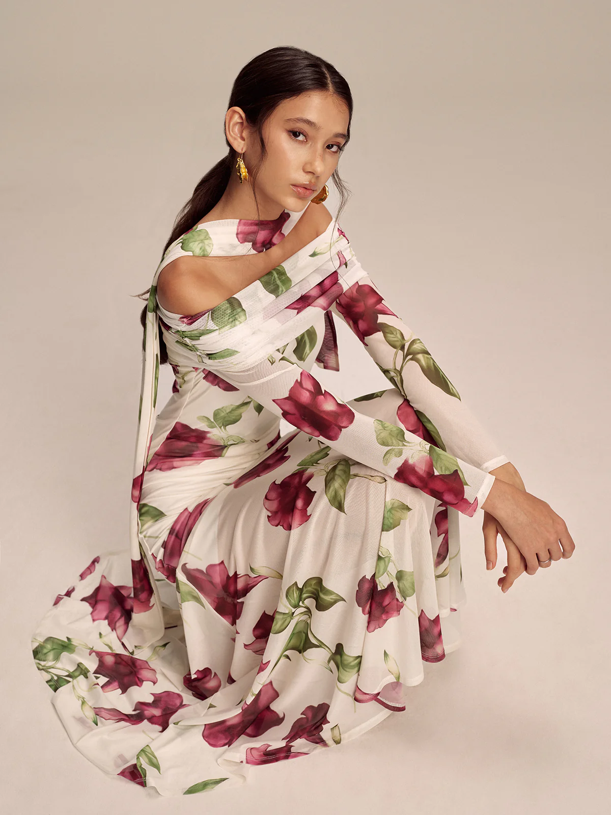 Floral Print Off-Shoulder Mesh Maxi Dress with Scarf Detail - Wholesalesil