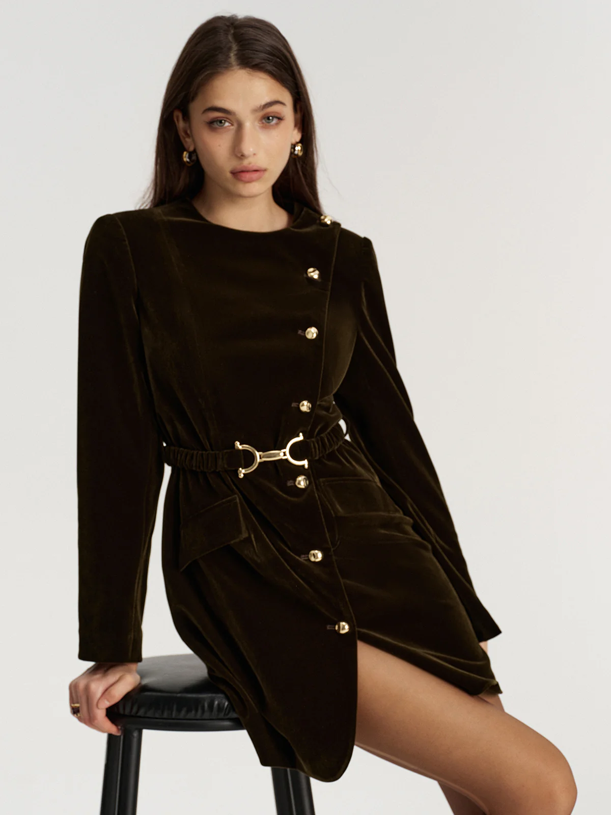 Belted Asymmetric Button Velvet Long Blazer - Wholesalesil