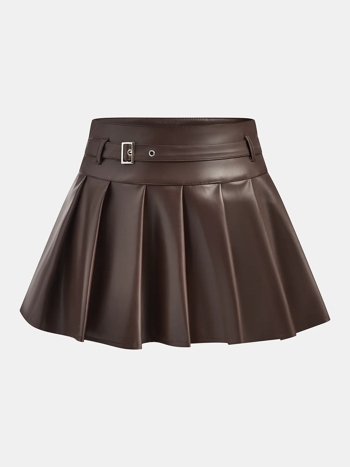 Belt-Decor Faux Leather Pleated Mini Skirt - Wholesalesil