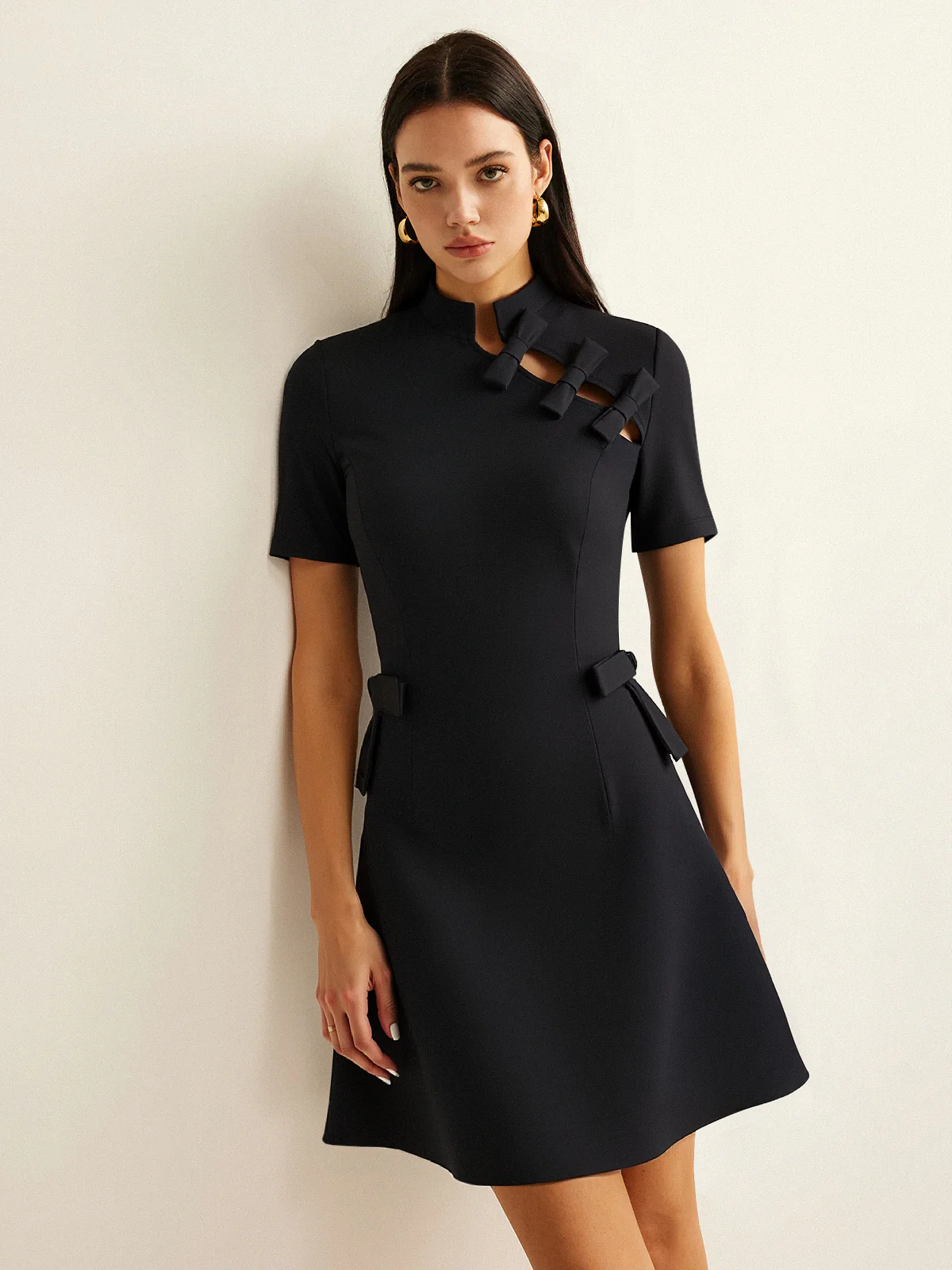 Bow Cut-Out Stand Collar Short Sleeve Dress - Wholesalesil
