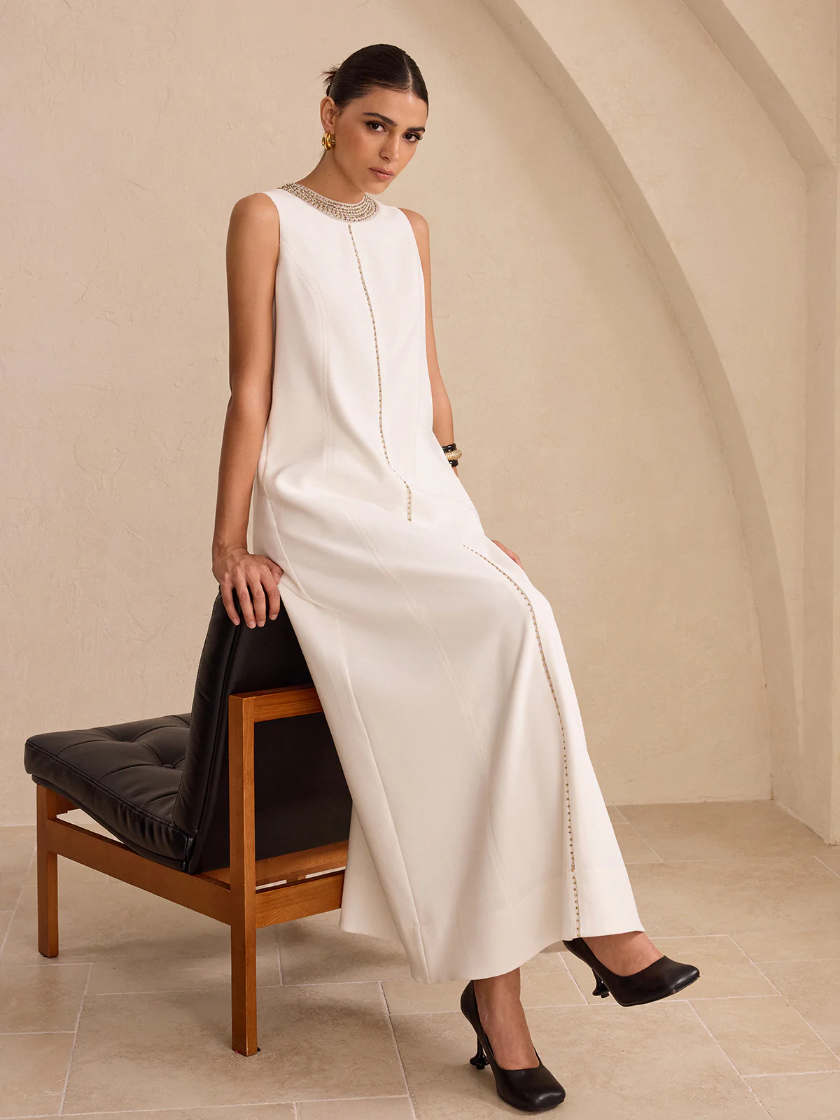 Hand-Beaded Neckline Pocket Maxi Dress - Wholesalesil