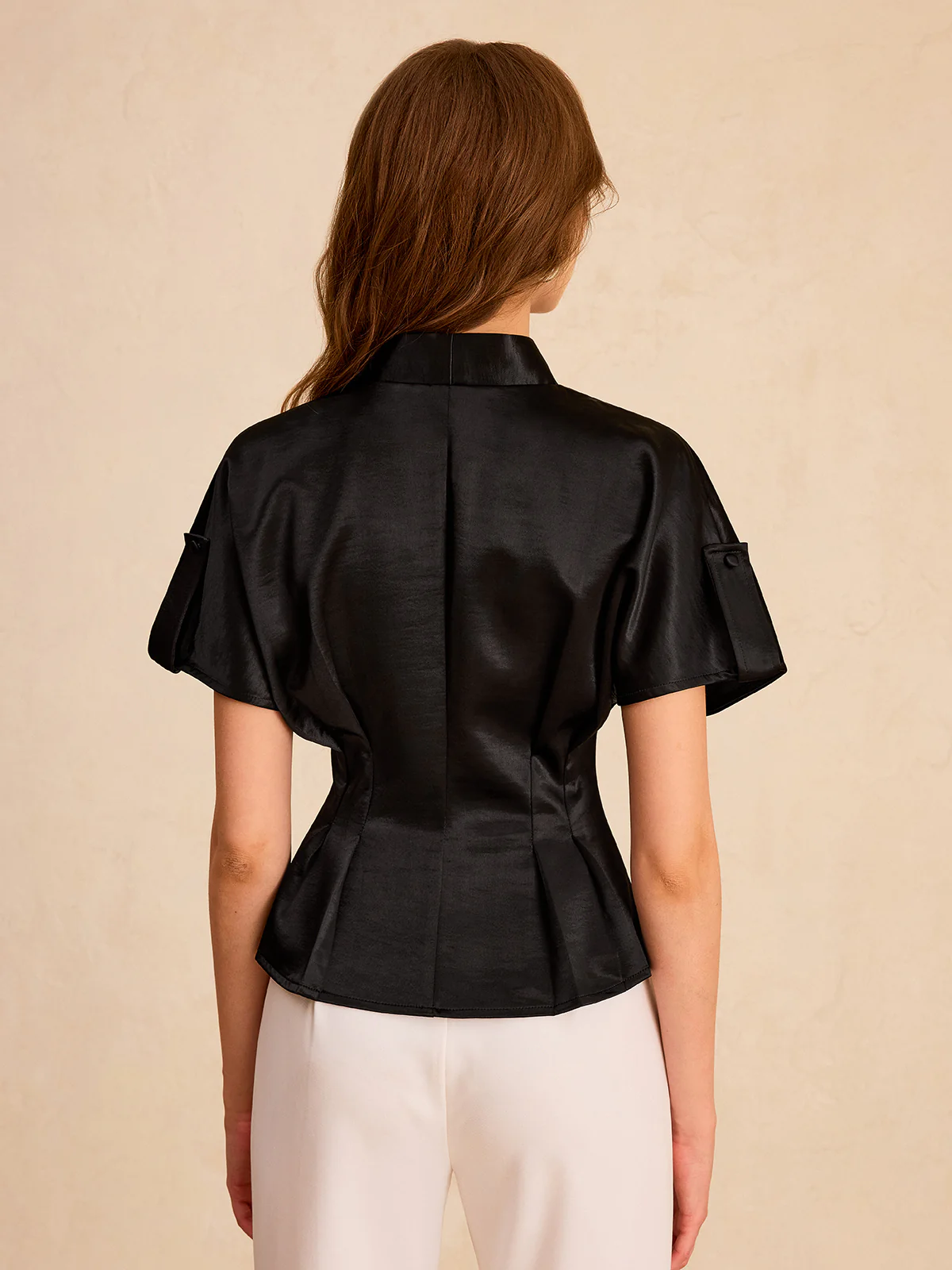 Satin Pleated Button Peplum Top - Wholesalesil