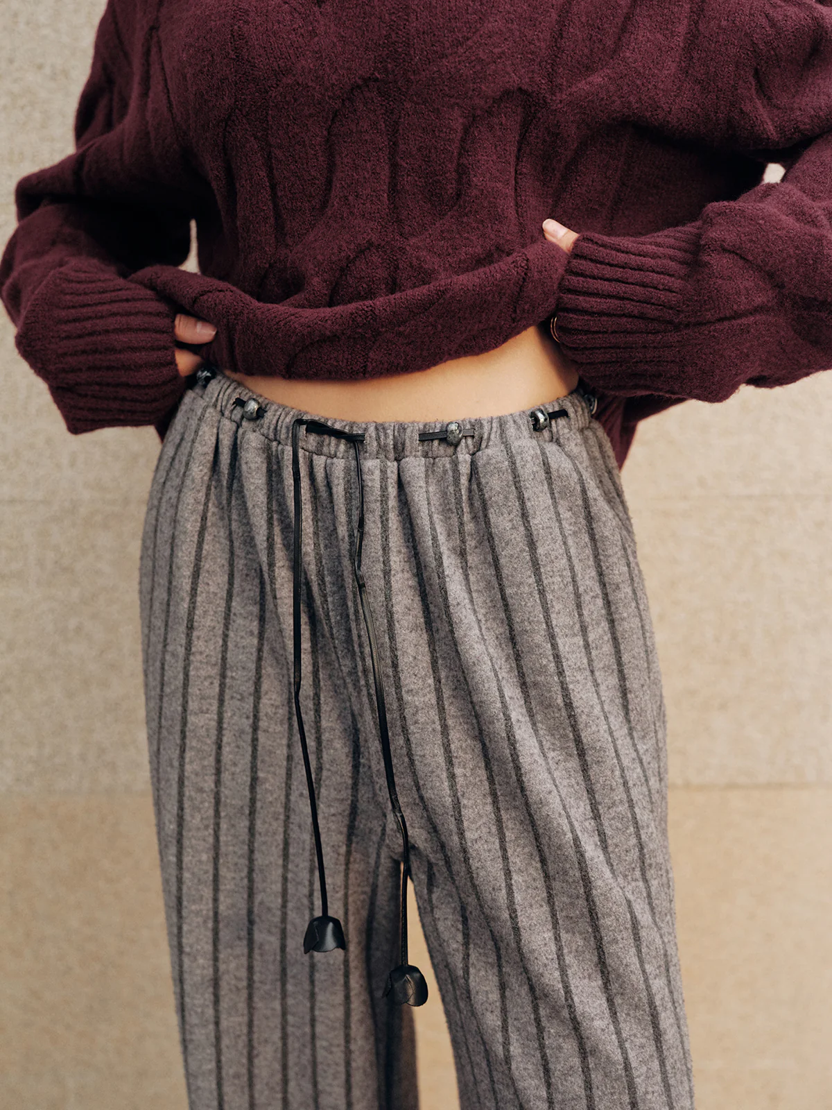 Tweed Striped Drawstring Wide-Leg Pants - Wholesalesil