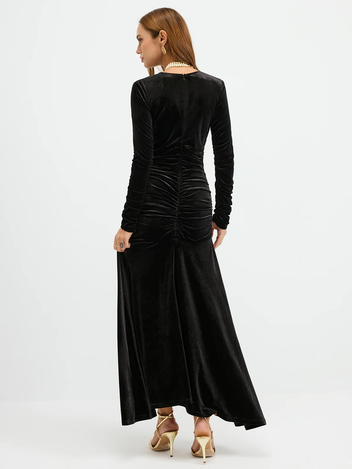 Velvet Ruched Plunge Maxi Dress - Wholesalesil