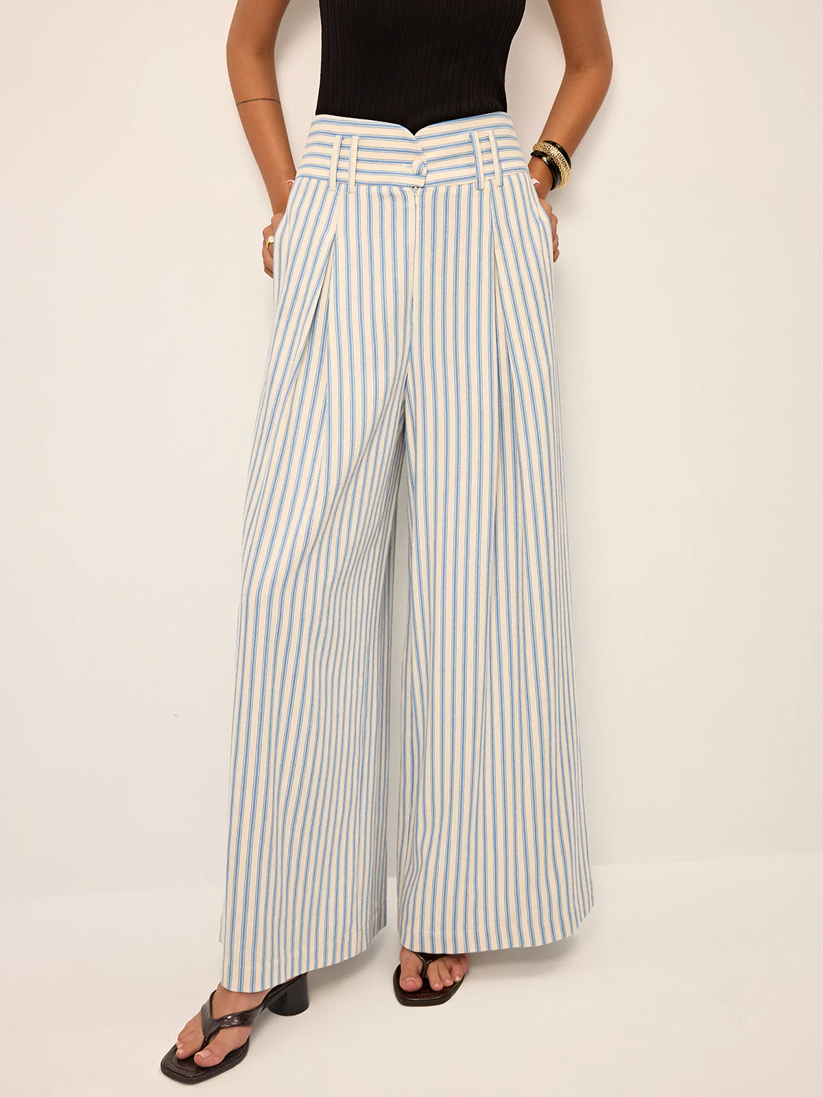 Cotton Striped Pleated Wide-Leg Pants - Wholesalesil