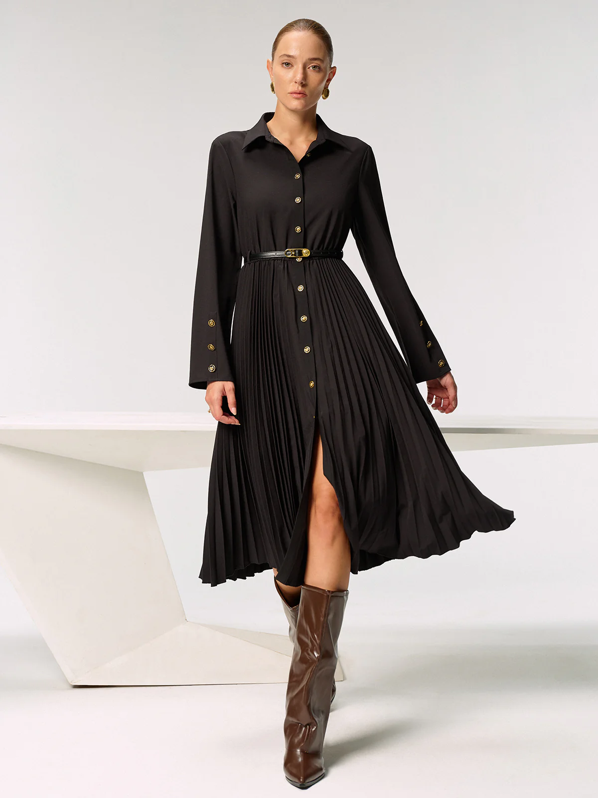 Metal Button Belted Pleated Shirt Dress - Wholesalesil