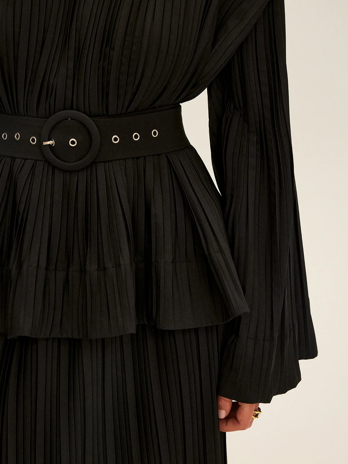 Pleated Bell Sleeve Belted Peplum Blouse - Wholesalesil