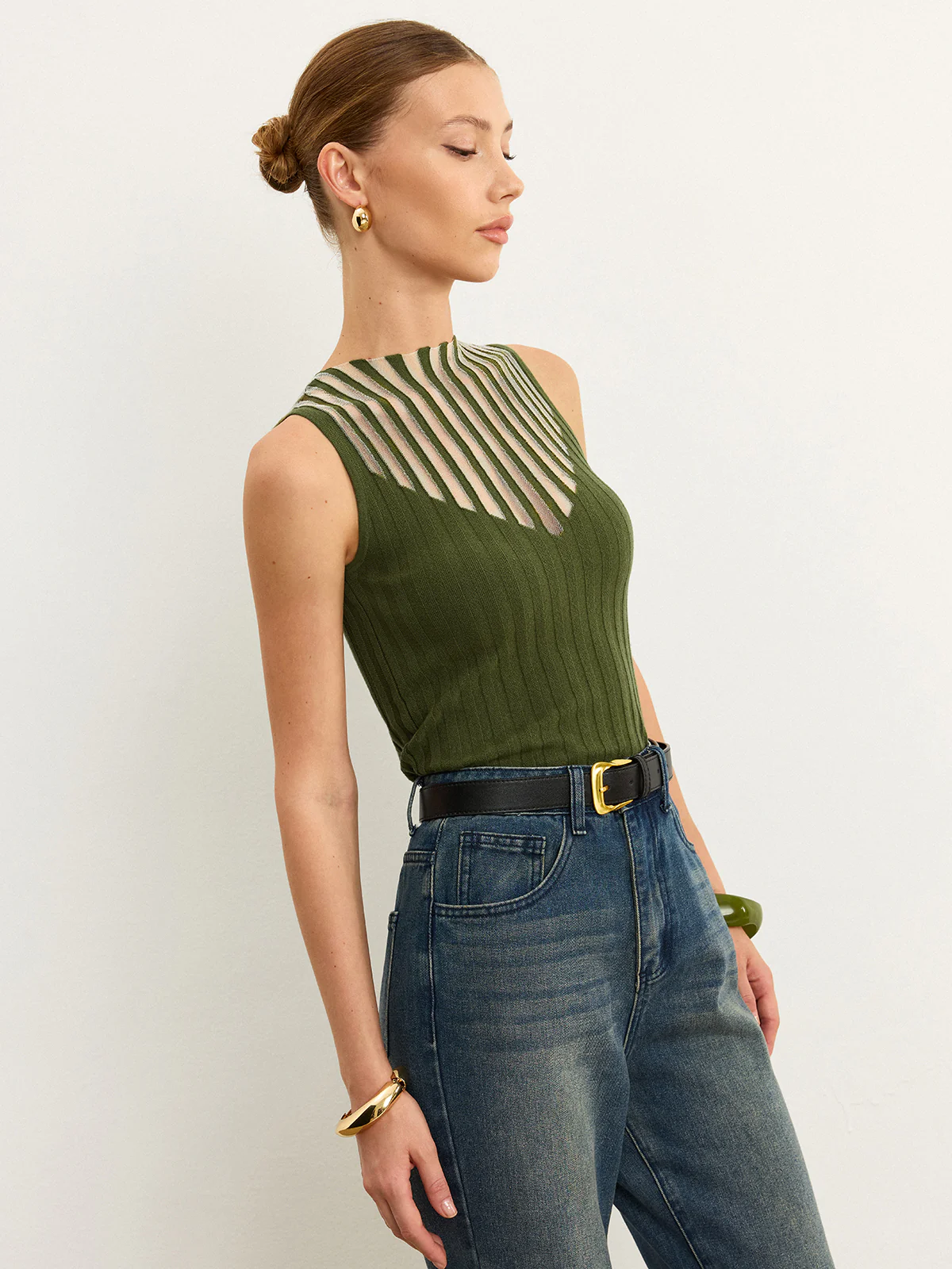 Sleeveless Top with Striped Sheer Detail - Wholesalesil