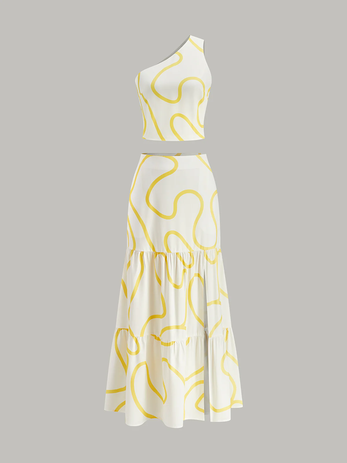 One-Shoulder Abstract Print Crop Top and Tiered Maxi Skirt Set - Wholesalesil