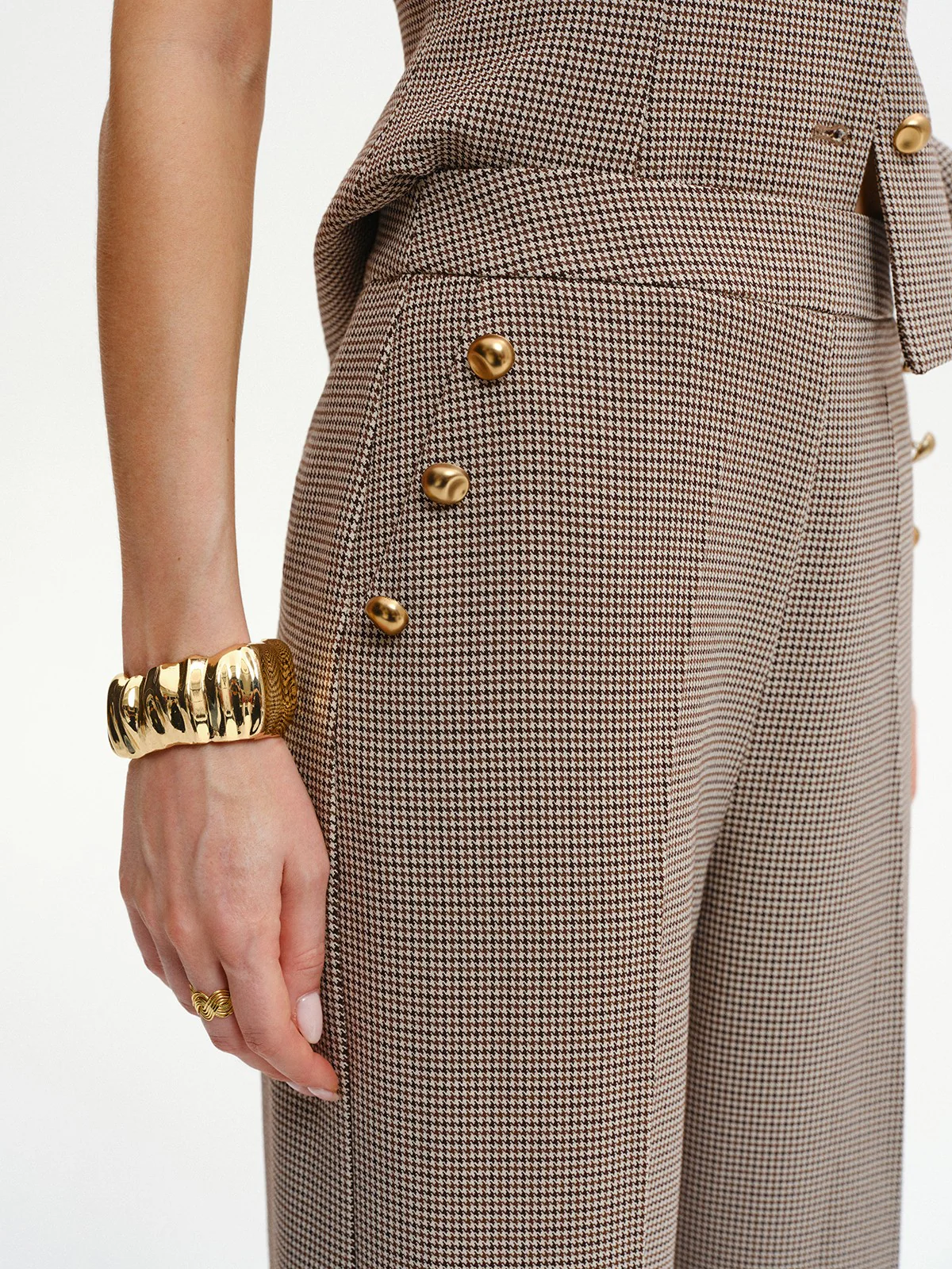 Houndstooth Metal Detail Mid-Waist Pants - Wholesalesil