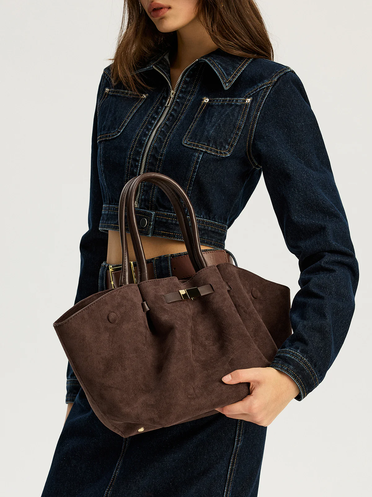 Suede Leather-Trimmed Tote Bag - Wholesalesil