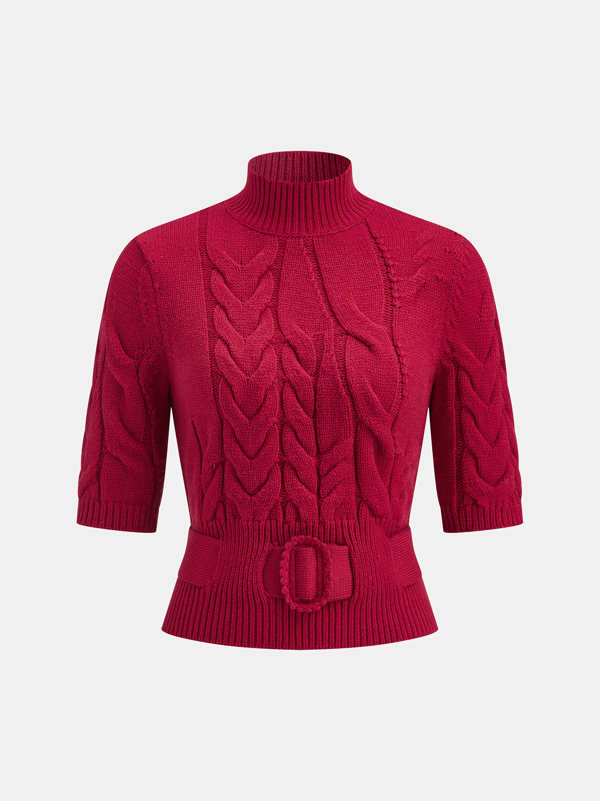 Turtleneck Cable Knit Short Sleeve Belted Sweater - Wholesalesil