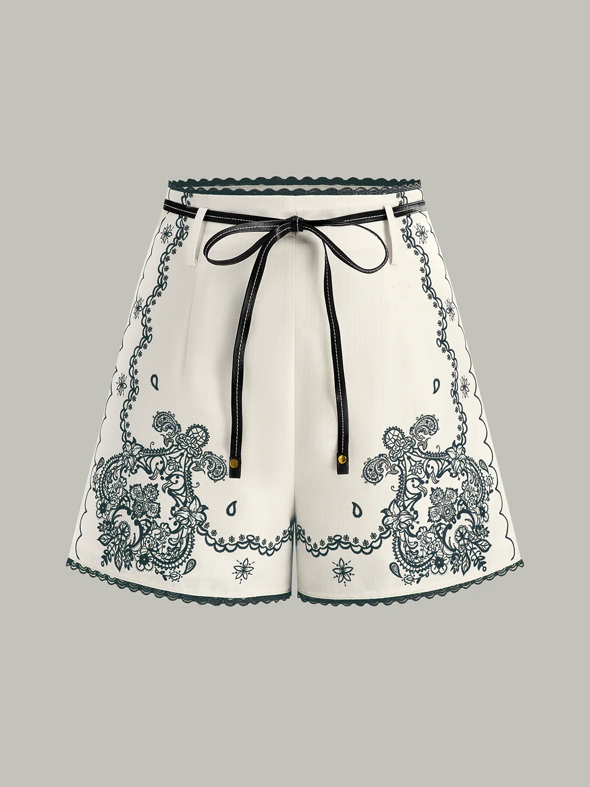 Floral Printed Suit Shorts with Lace Trims and Belt - Wholesalesil