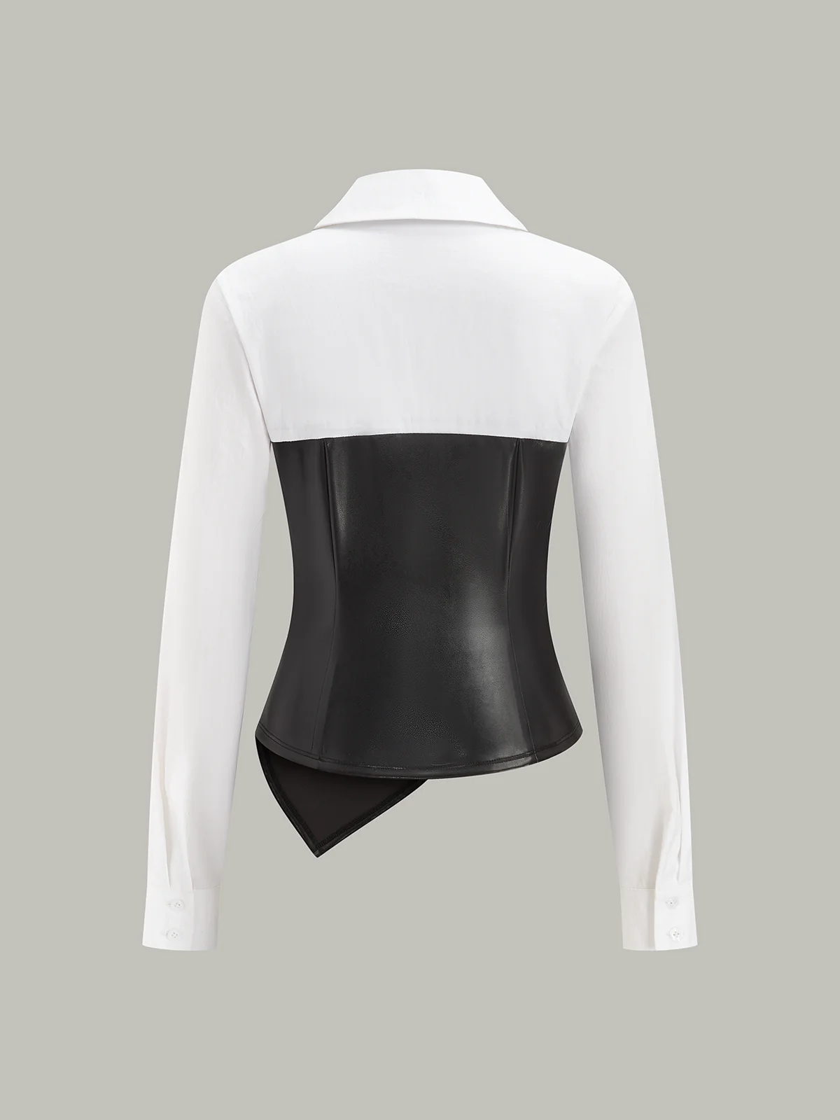 Asymmetric PU Leather Panel Blouse - Wholesalesil