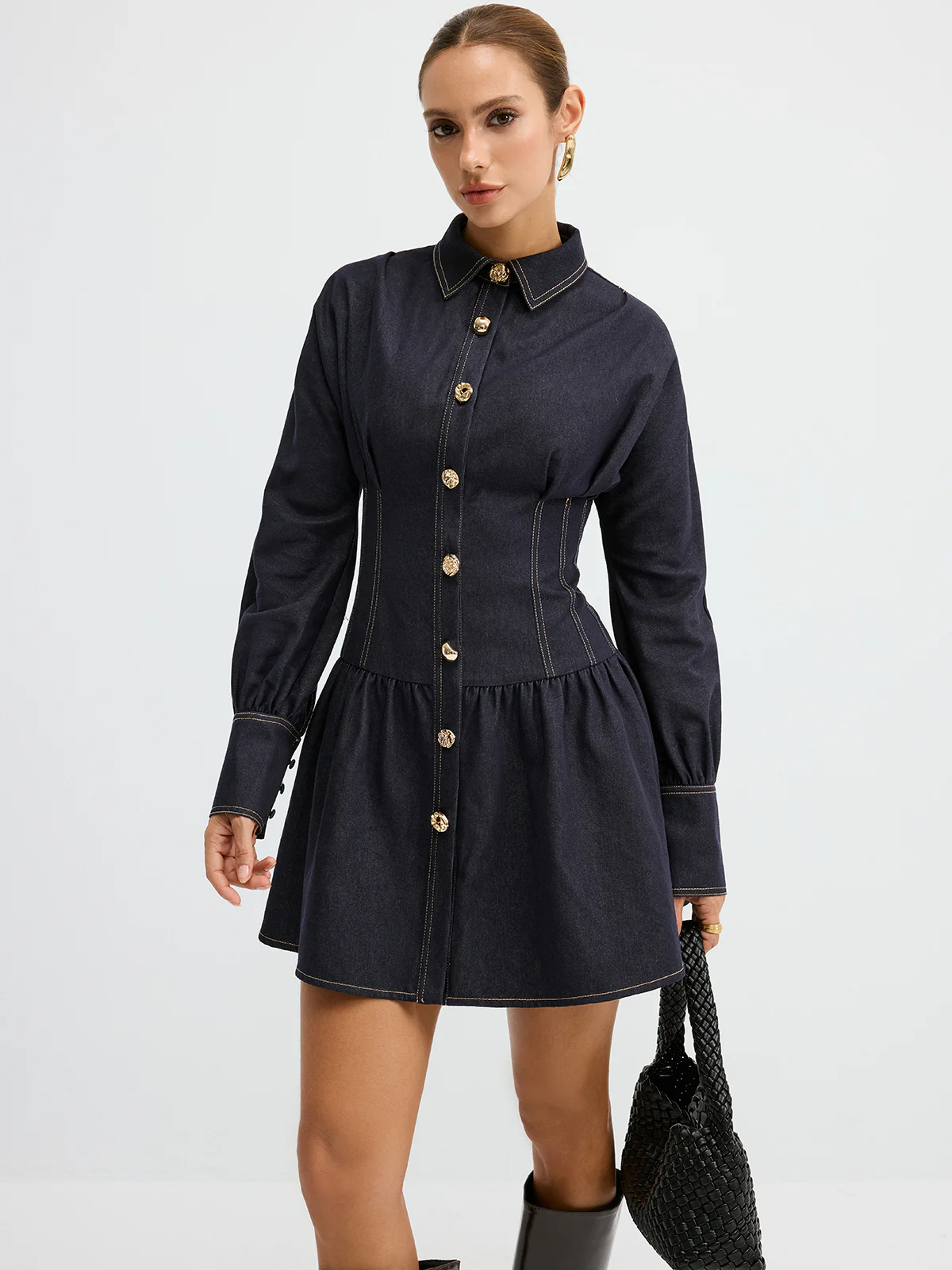 Denim Metal Button Shirt Dress - Wholesalesil
