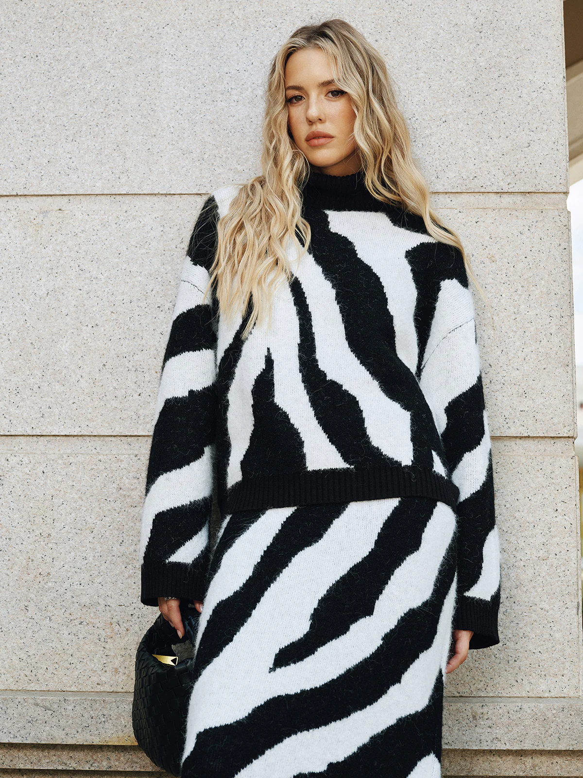 Zebra Print Turtleneck Wool Blend Sweater - Wholesalesil