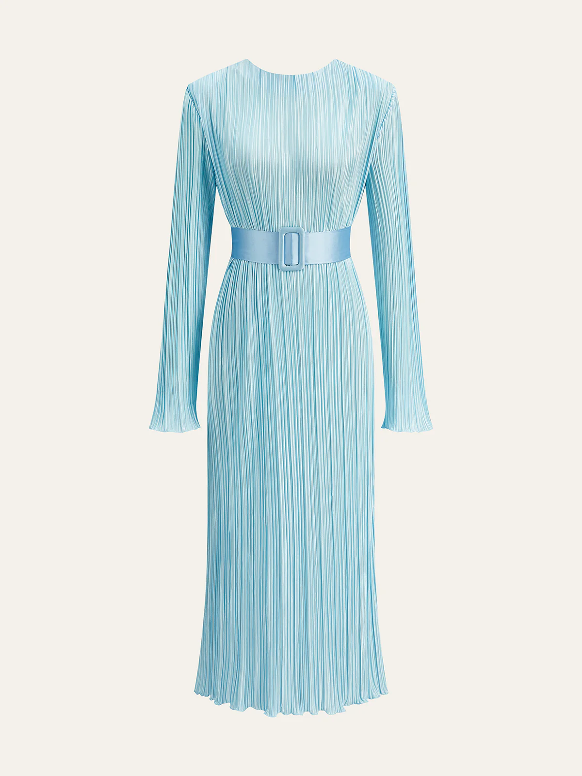 Semi-Sheer Belted Pleated Long-Sleeve Midi Dress - Wholesalesil