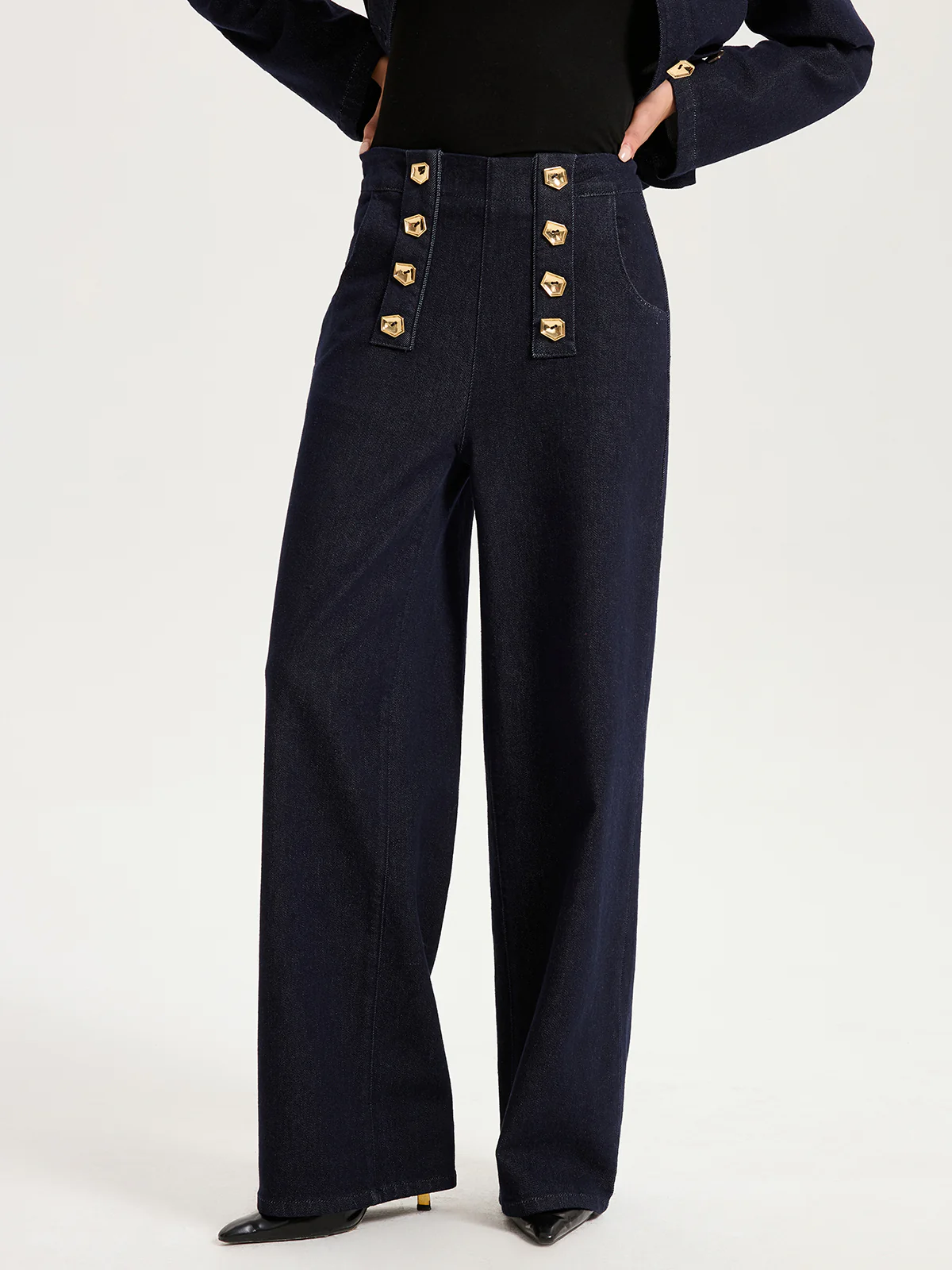 Metal Detail Denim Wide-Leg Jeans - Wholesalesil