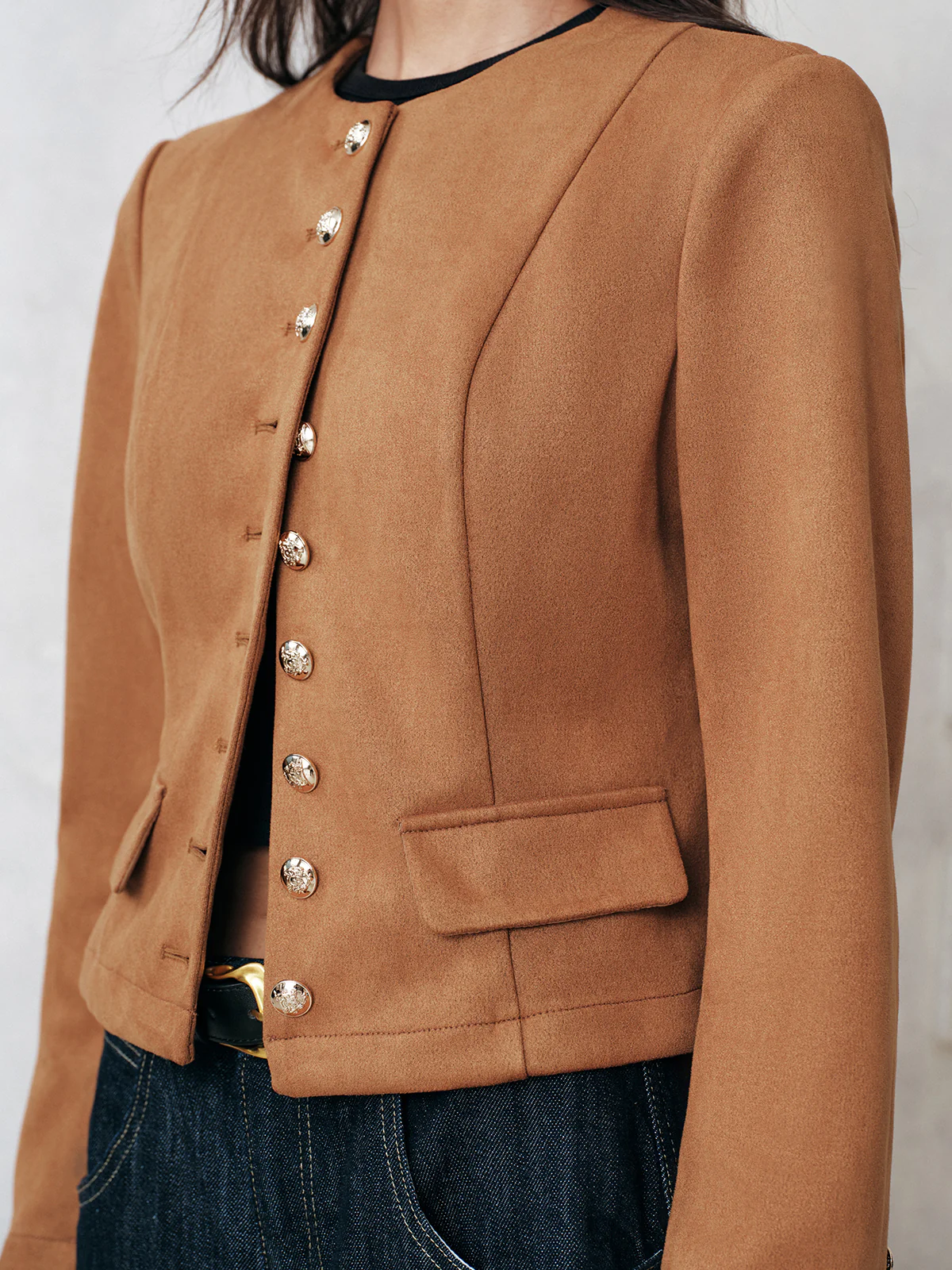 Metal Button Suede Effect Jacket - Wholesalesil