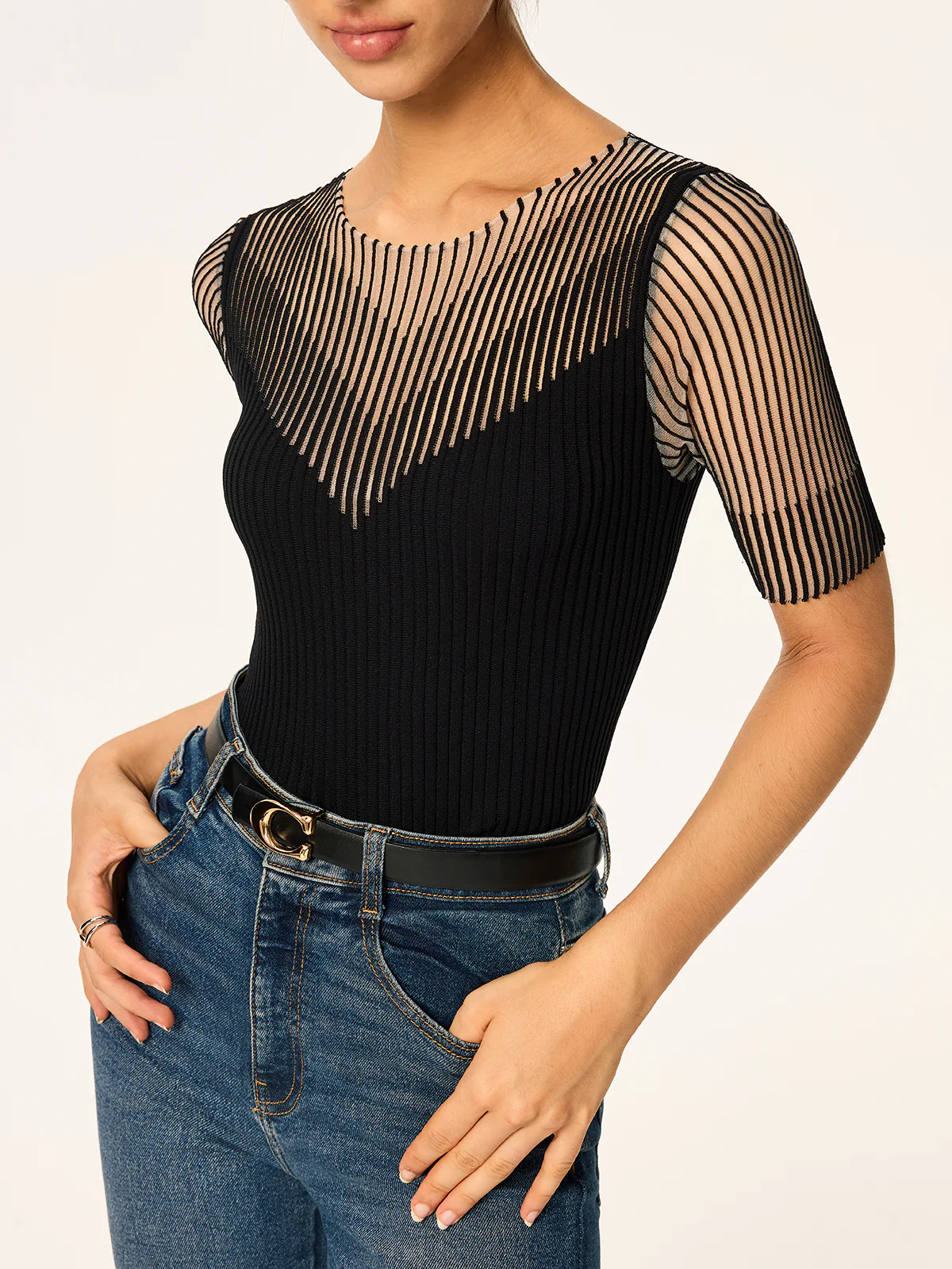 Sheer Striped Panel Ribbed Knit Top - Wholesalesil