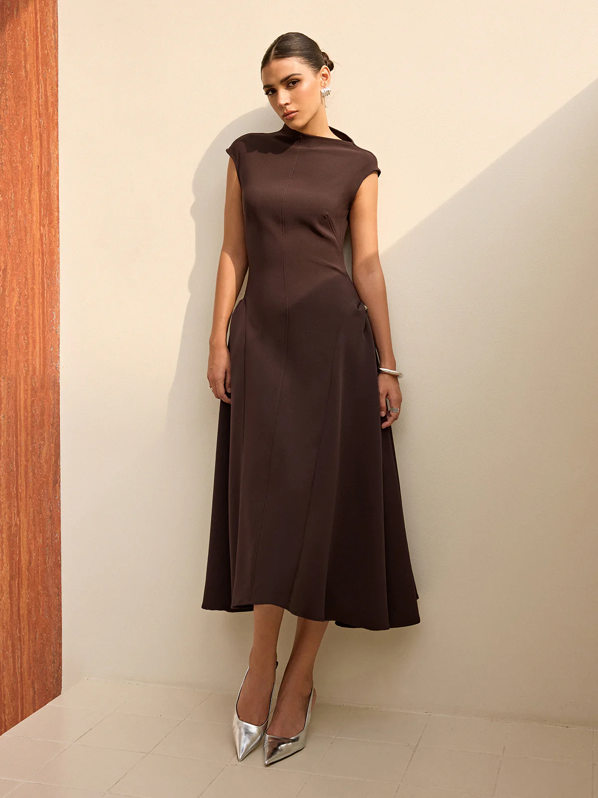 Asymmetrical Neck Cap Sleeve Maxi Dress - Wholesalesil