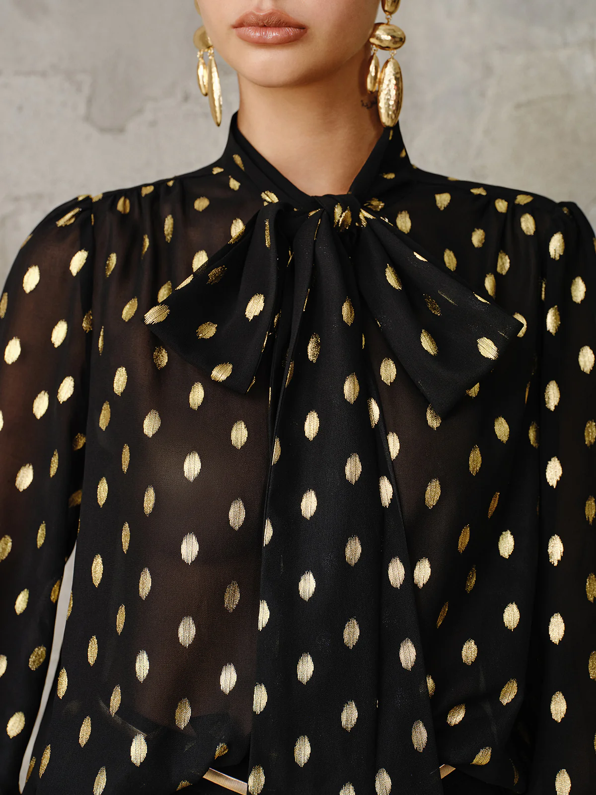 Polka Dot Bow Neckline Semi-Sheer Blouse - Wholesalesil