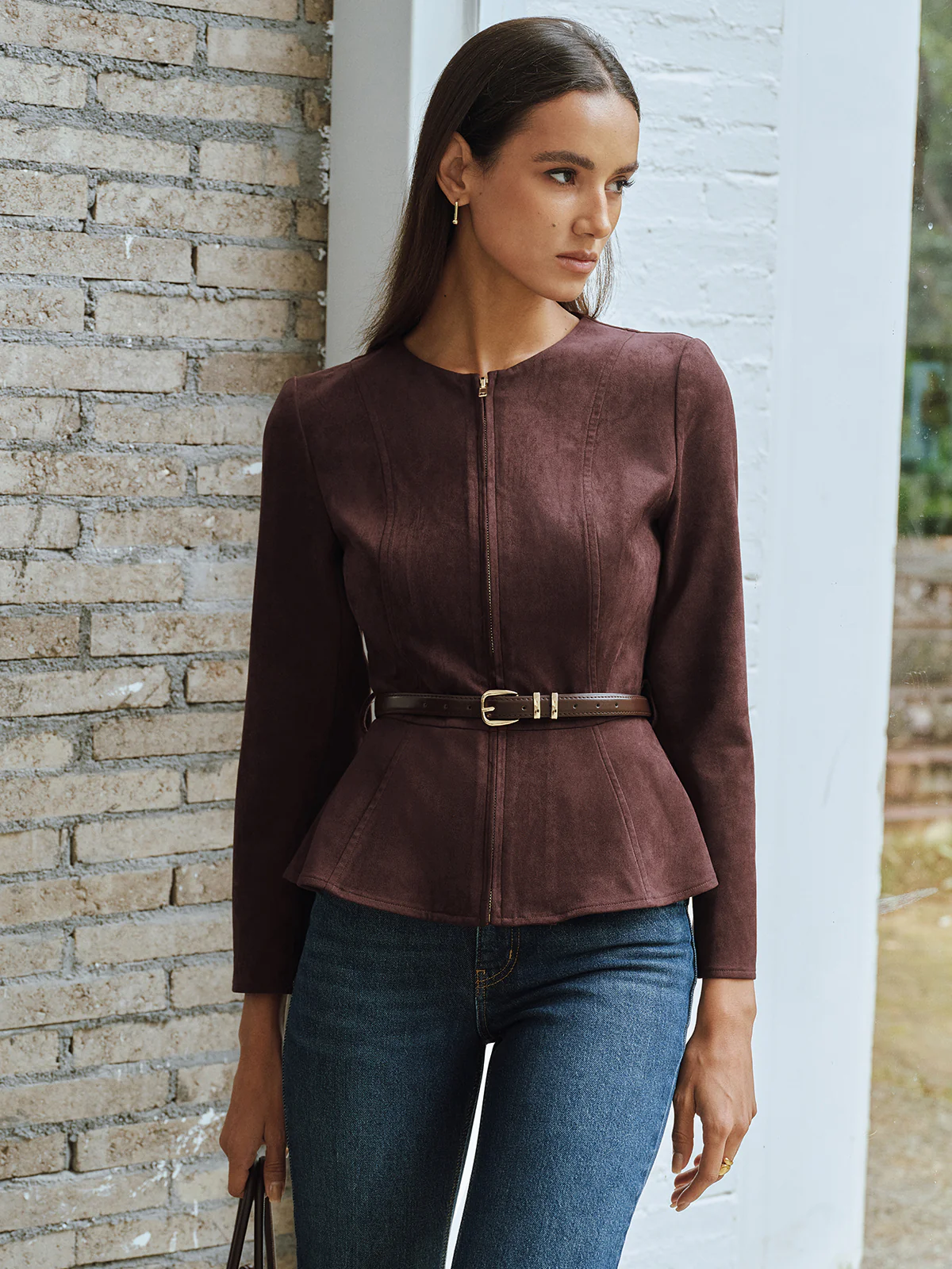 Belted Suede Effect Zipper Jacket - Wholesalesil