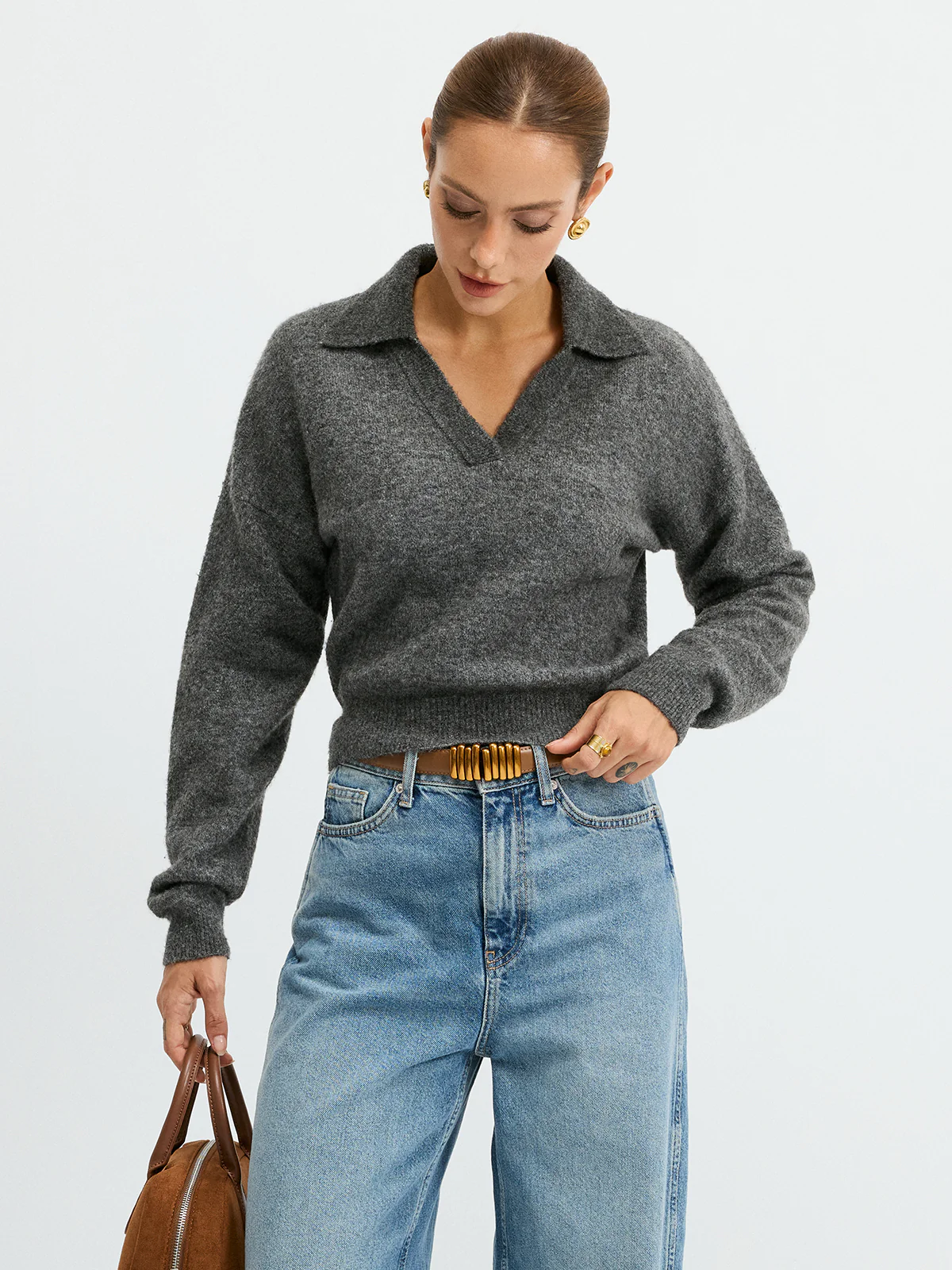 Wool Blend Polo Collar Casual Sweater - Wholesalesil