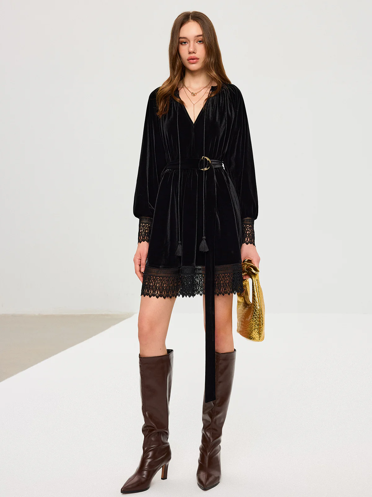 Velvet Belted Lace Trim Mini Dress - Wholesalesil