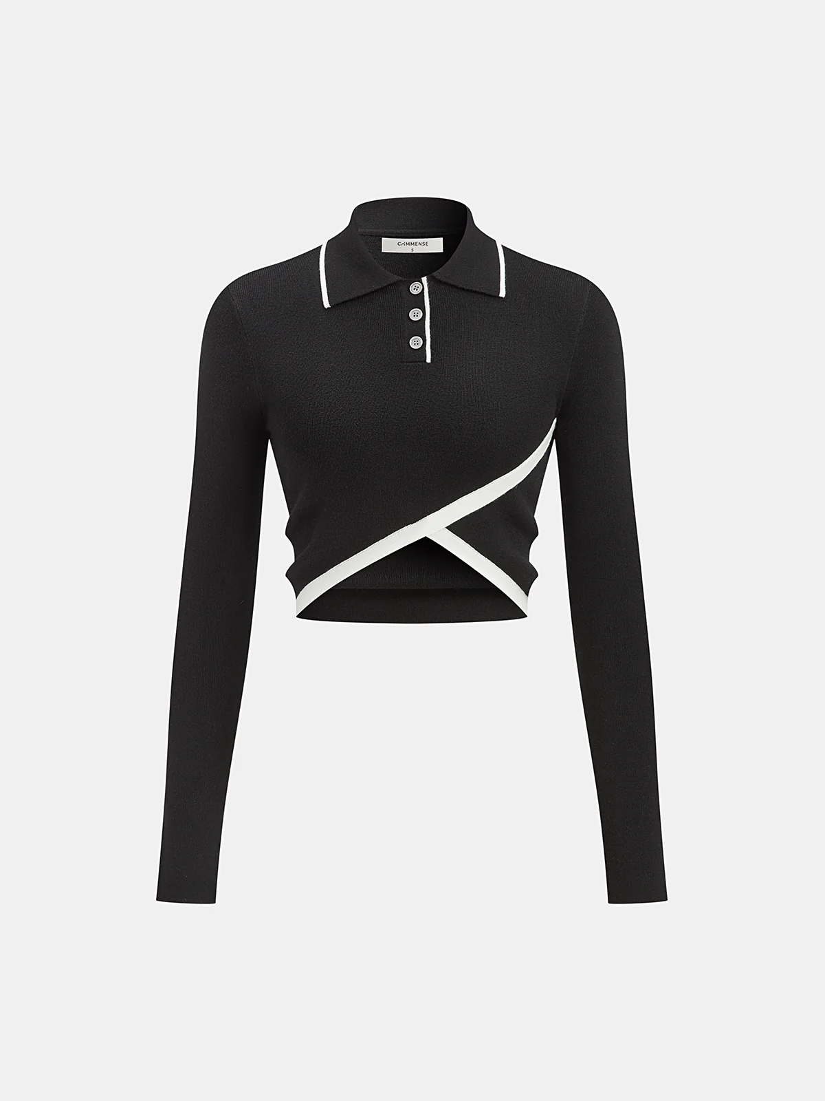 Asymmetric Contrast Trim Wool Blend Cropped Polo Top - Wholesalesil