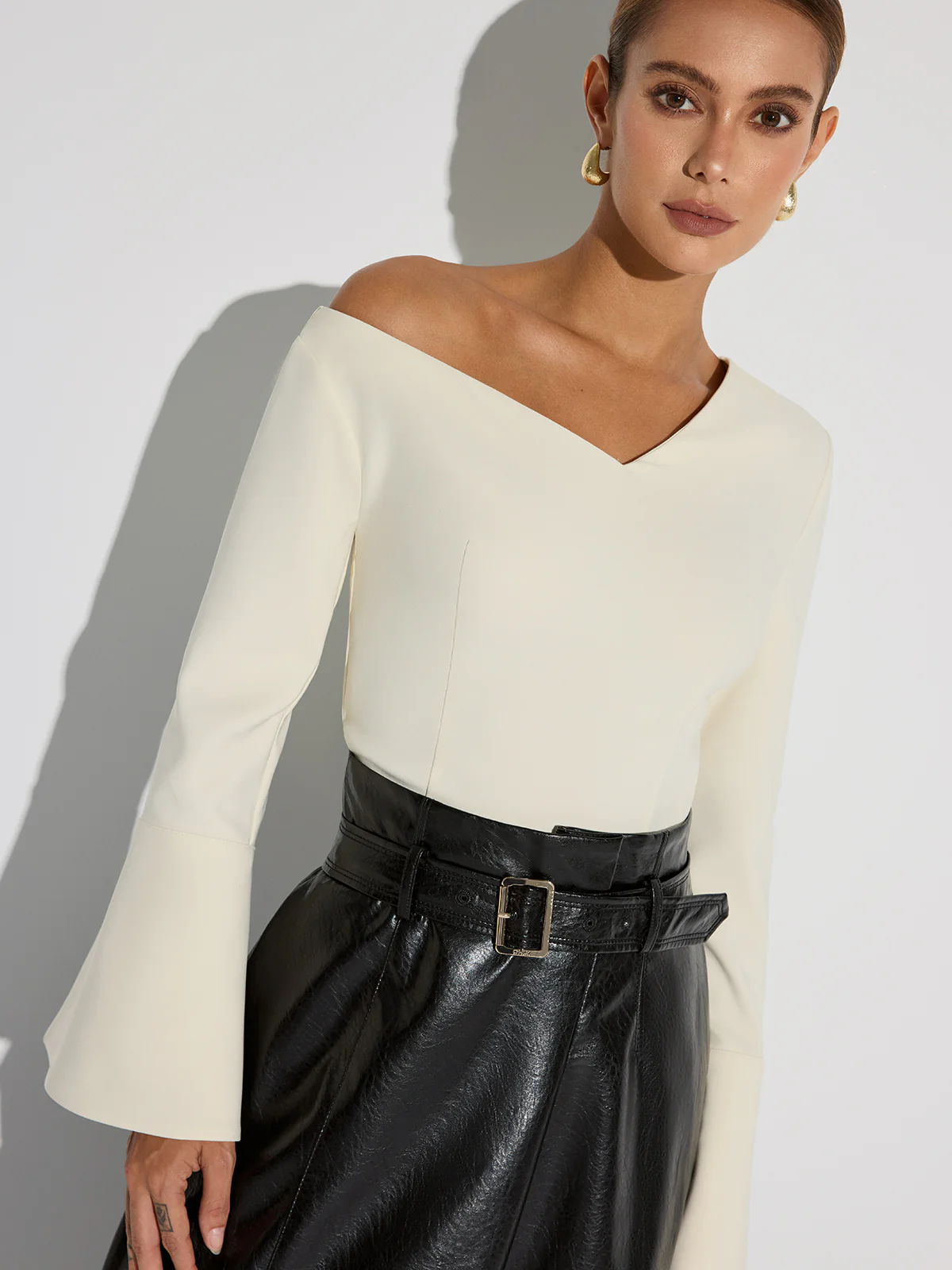 Asymmetric Off-Shoulder Bell-Sleeve Top - Wholesalesil