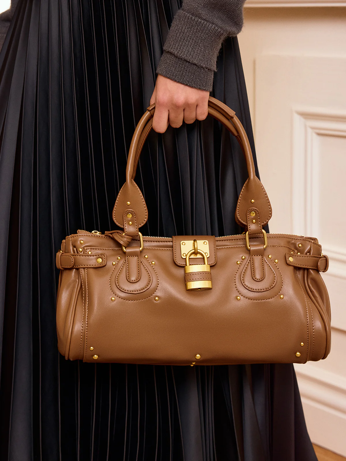 Lock Detail Studded PU Leather Top Handle Bag - Wholesalesil