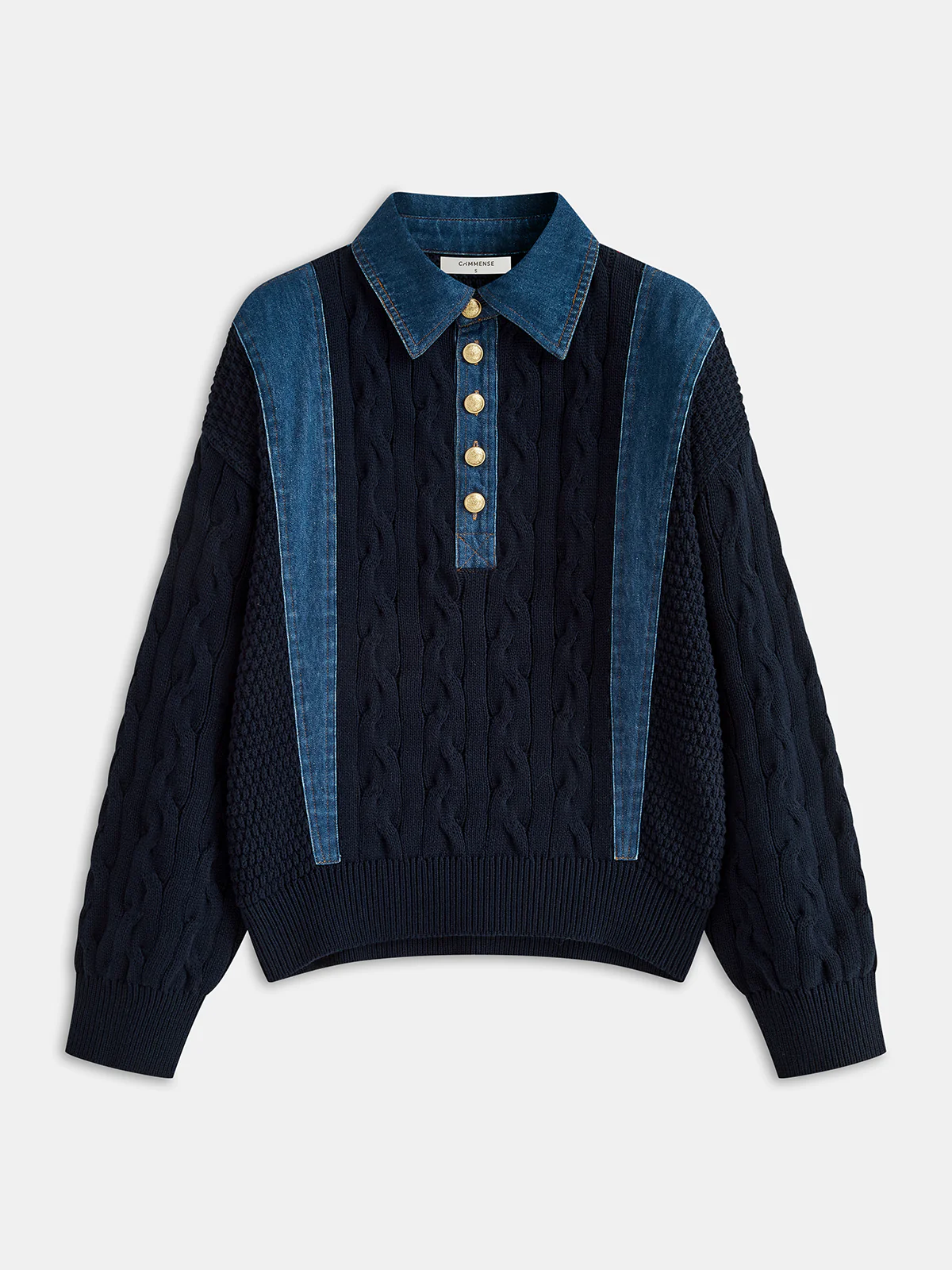 Denim Panel Polo Collar Cable Knit Sweater - Wholesalesil
