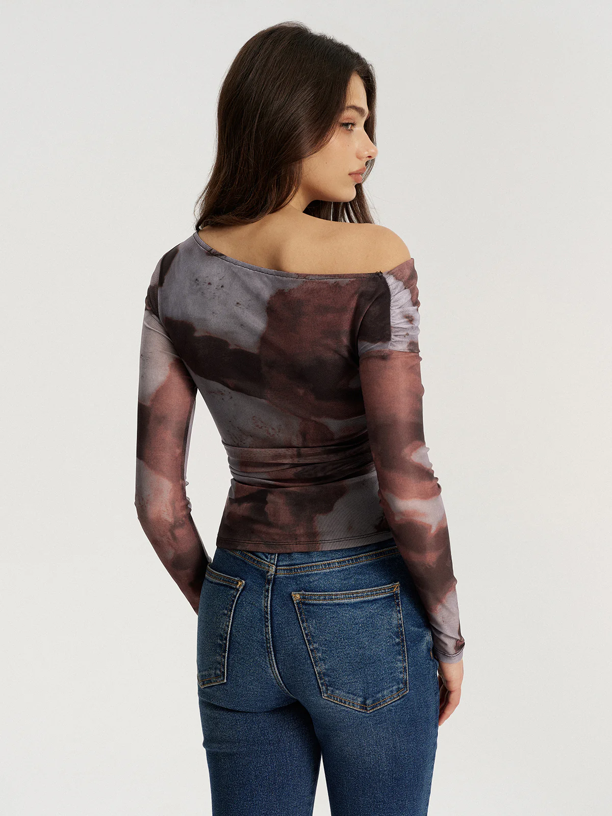 One Shoulder Abstract Print Mesh Ruched Top - Wholesalesil
