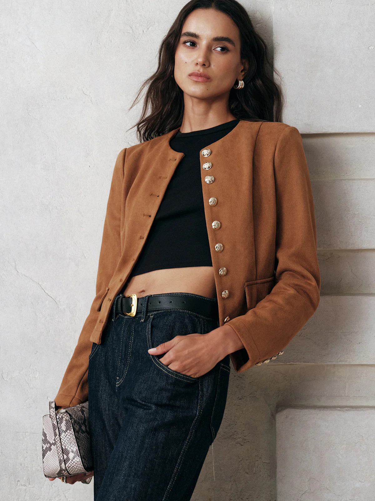 Metal Button Suede Effect Jacket - Wholesalesil
