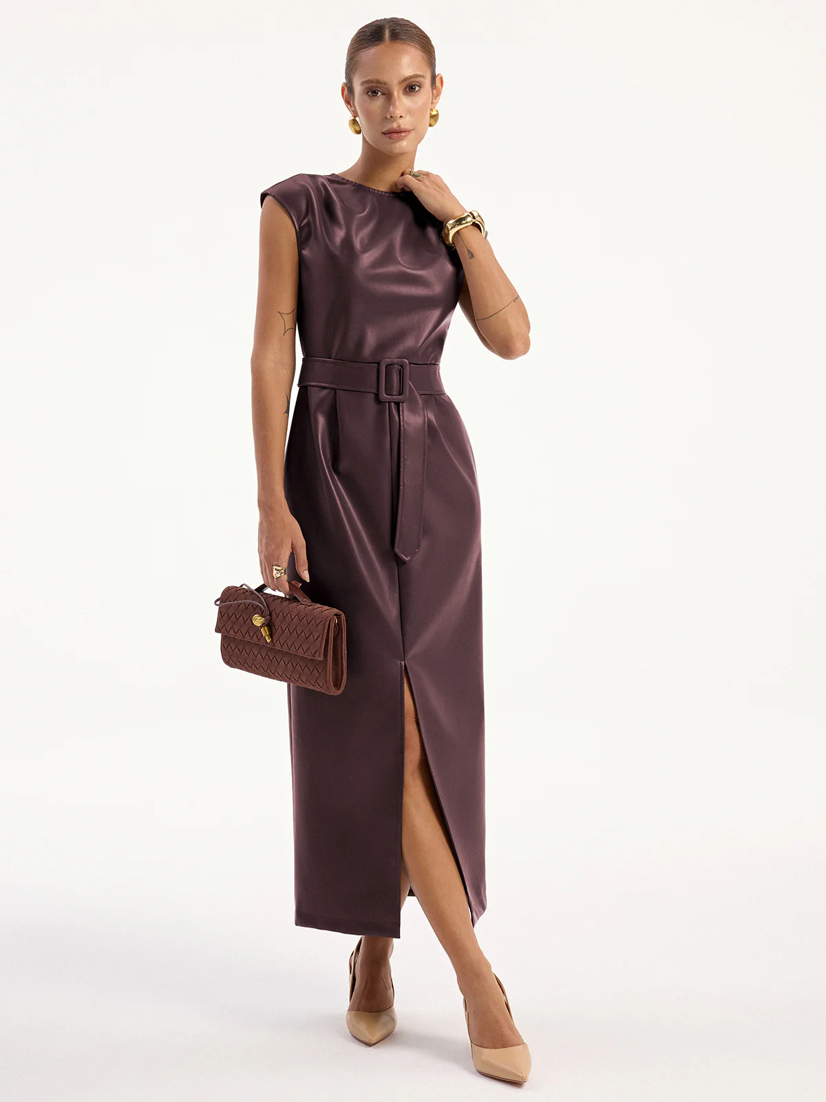 PU Leather Sleeveless Belted Midi Dress - Wholesalesil