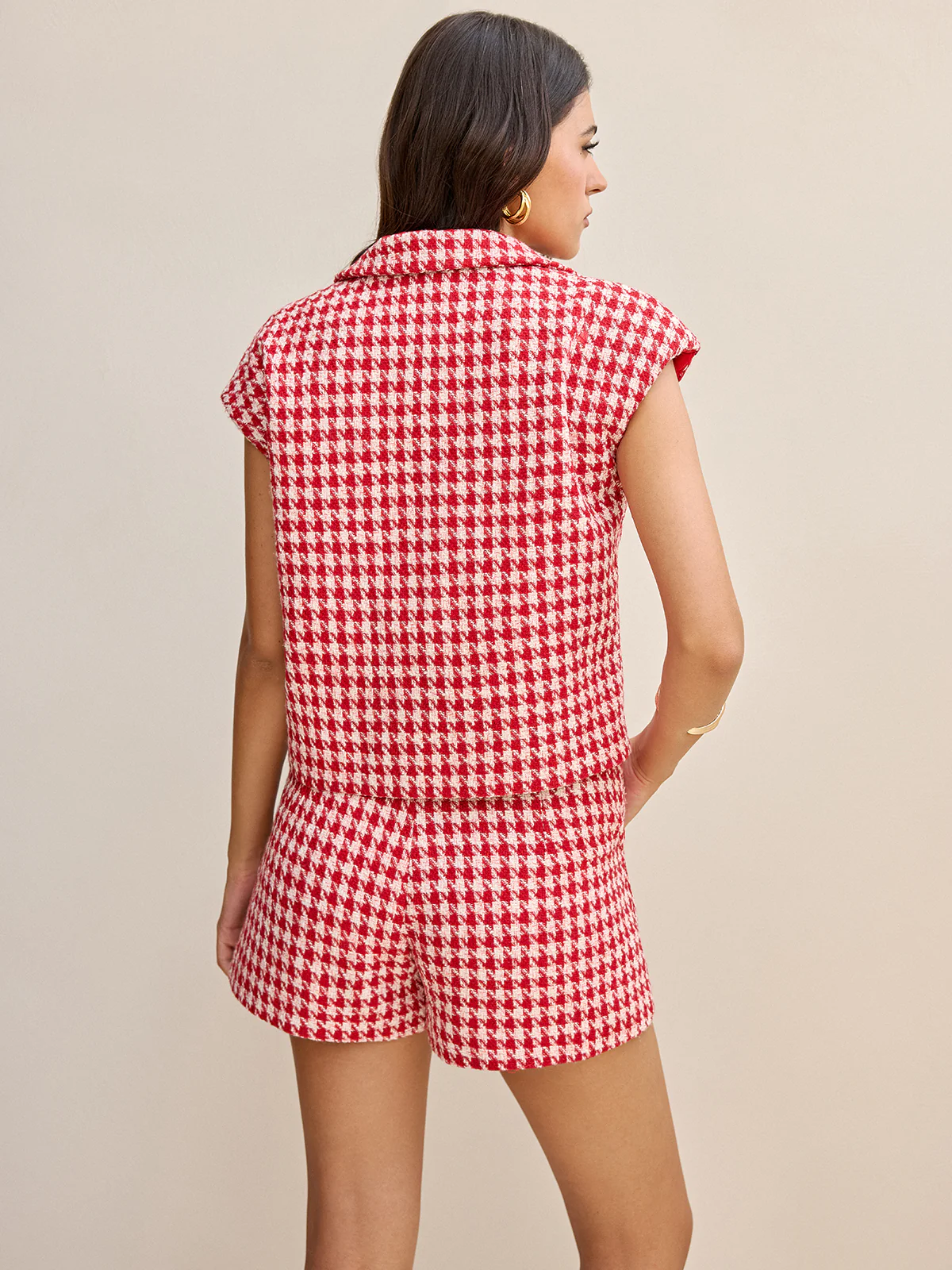 Houndstooth Tweed Collared Cap Sleeve Vest - Wholesalesil
