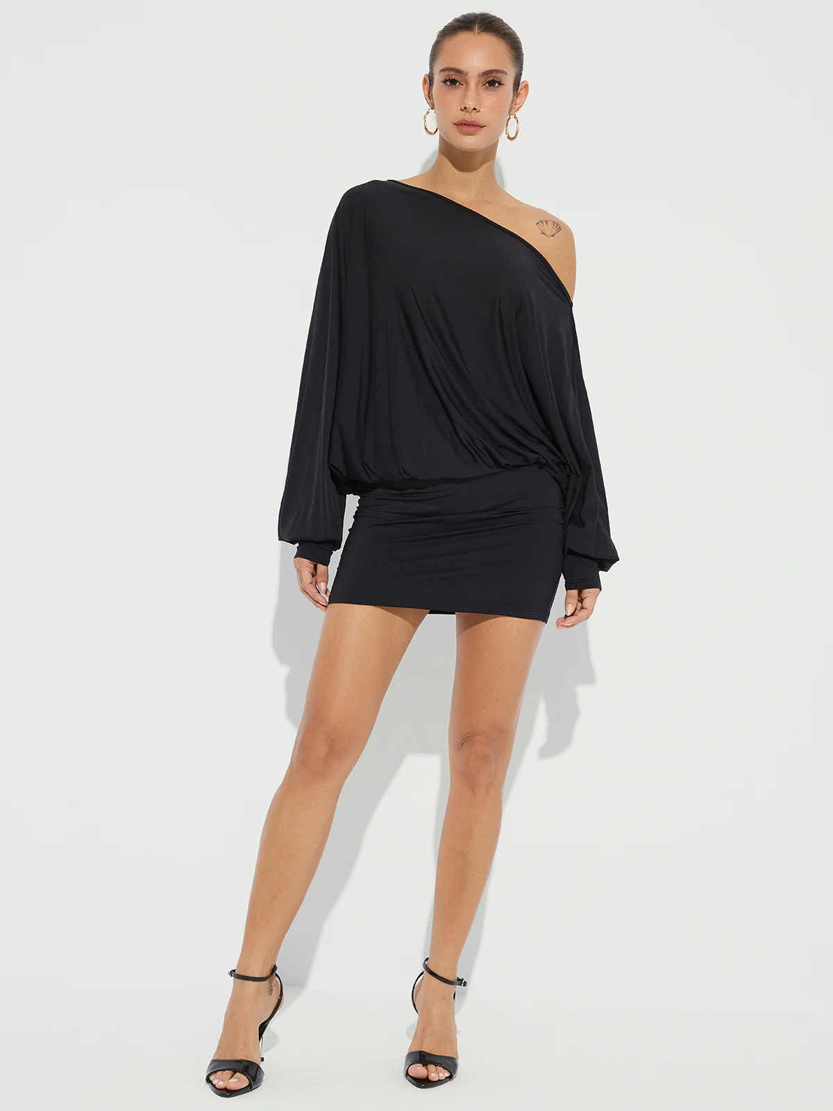 One-Shoulder Ruched Long Sleeve Mini Dress - Wholesalesil