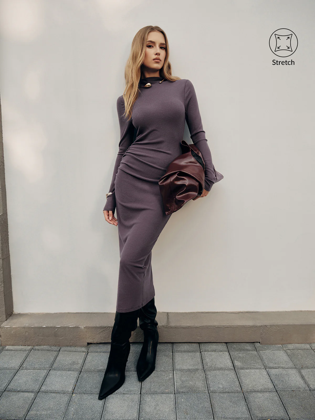 Long Sleeve Ribbed Ruched Maxi Dress - Wholesalesil