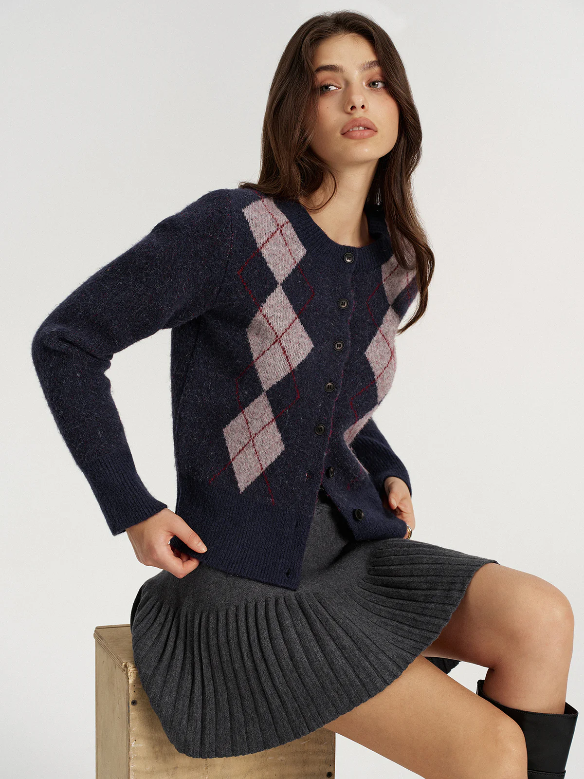 Argyle Jacquard Wool Blend Cardigan - Wholesalesil