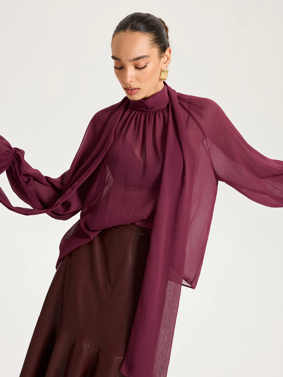 Scarf Neck Semi-Sheer Chiffon Blouse - Wholesalesil
