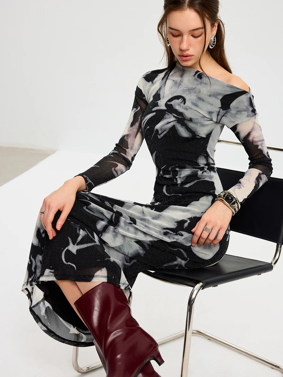 Abstract Print Mesh One-Shoulder Maxi Dress - Wholesalesil