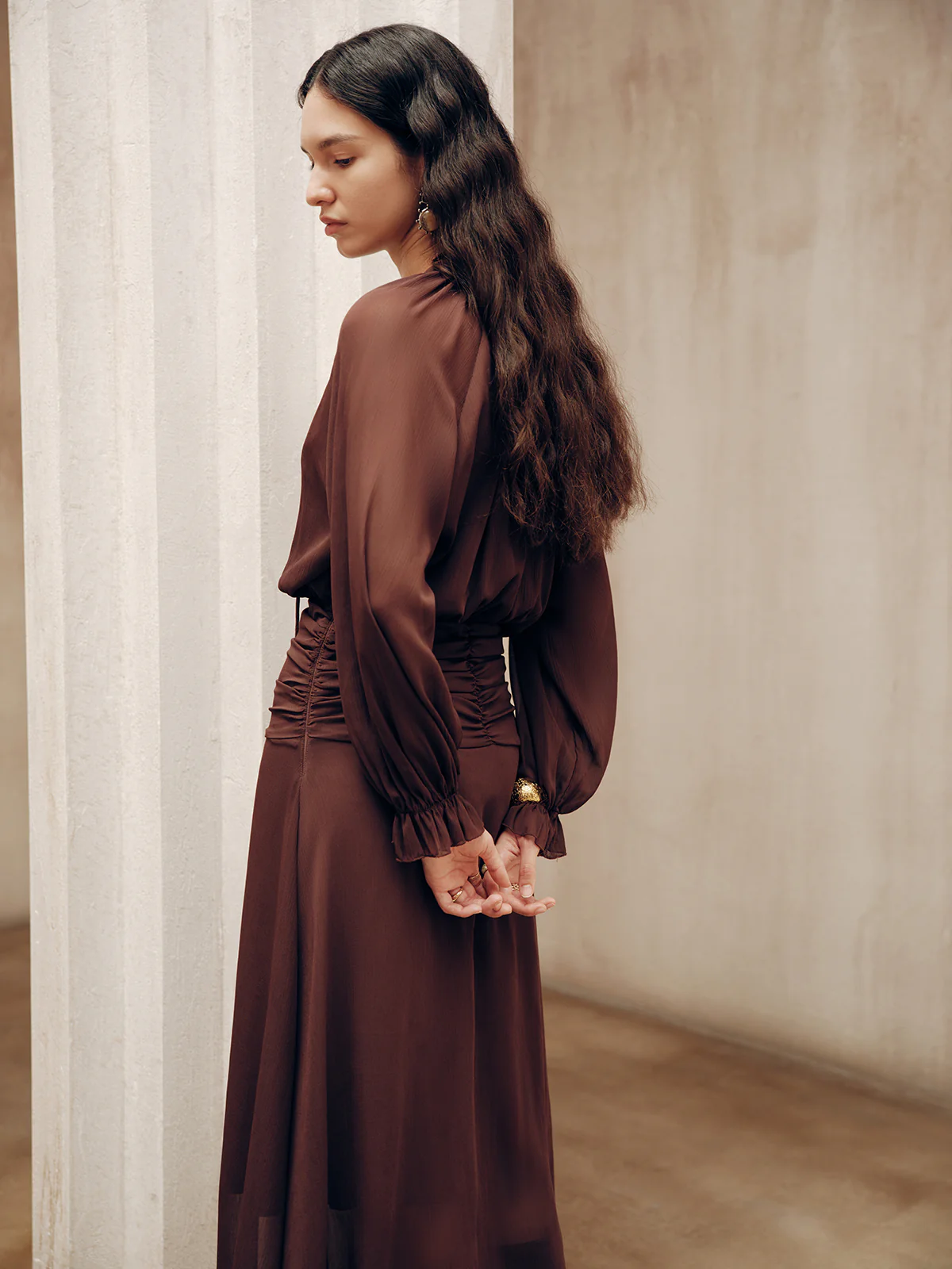 Tie-Neck Ruched Chiffon Maxi Dress - Wholesalesil