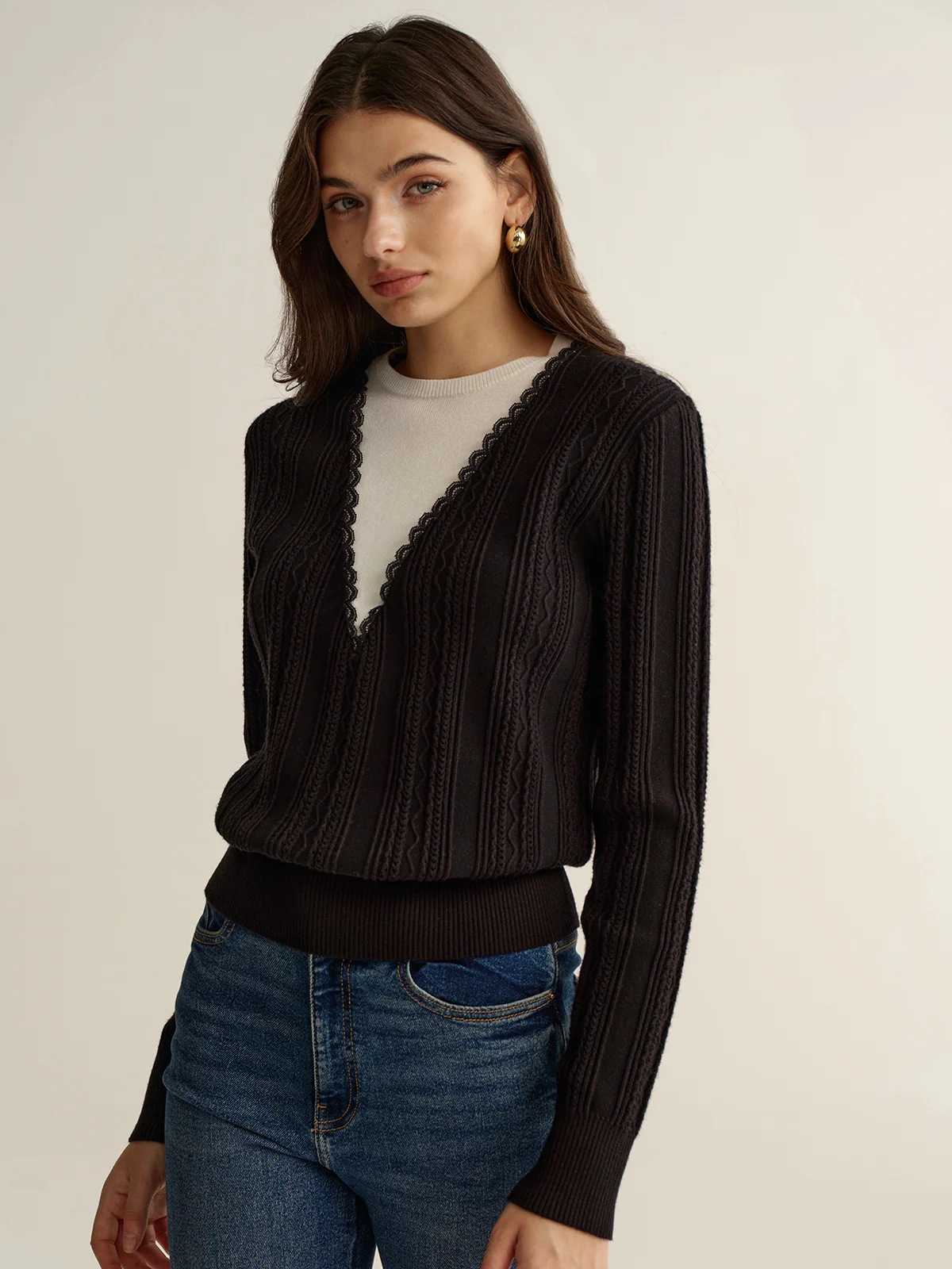 2 in 1 Lace Trim Two-Tone Sweater - Wholesalesil