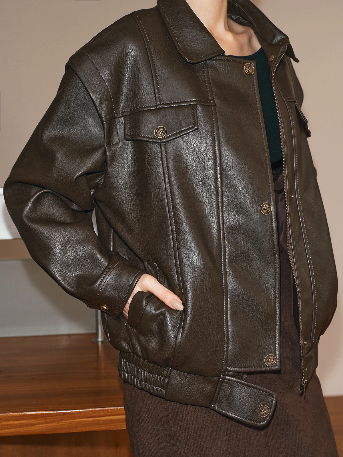 Lapel PU Leather Jacket - Wholesalesil