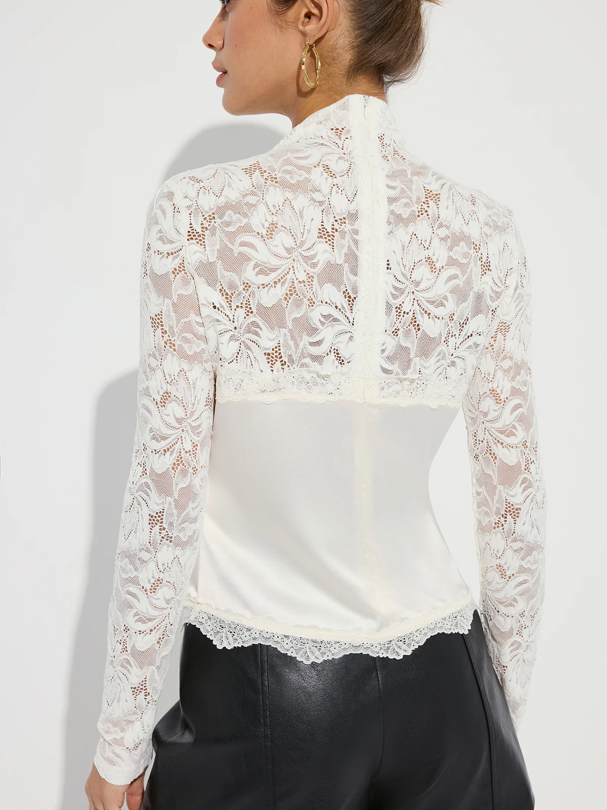 Mock Neck Lace Paneled Satin Blouse - Wholesalesil