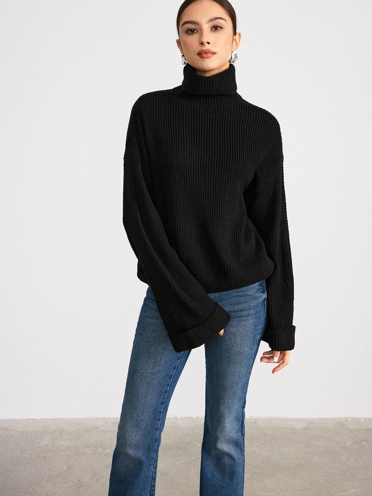 Turtleneck Waffle-Knit Long Sleeve Sweater - Wholesalesil